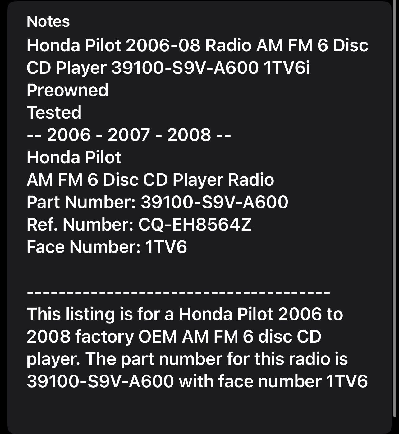 Honda Pilot 2006-08 Radio AM FM 6 Disc CD Player 39100-S9V-A600 1TV6