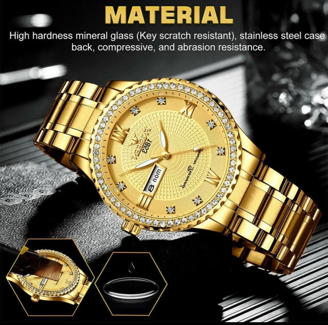 #1042 Waterproof Gold-plated Men's Watch Classic Stainless Steel beautiful