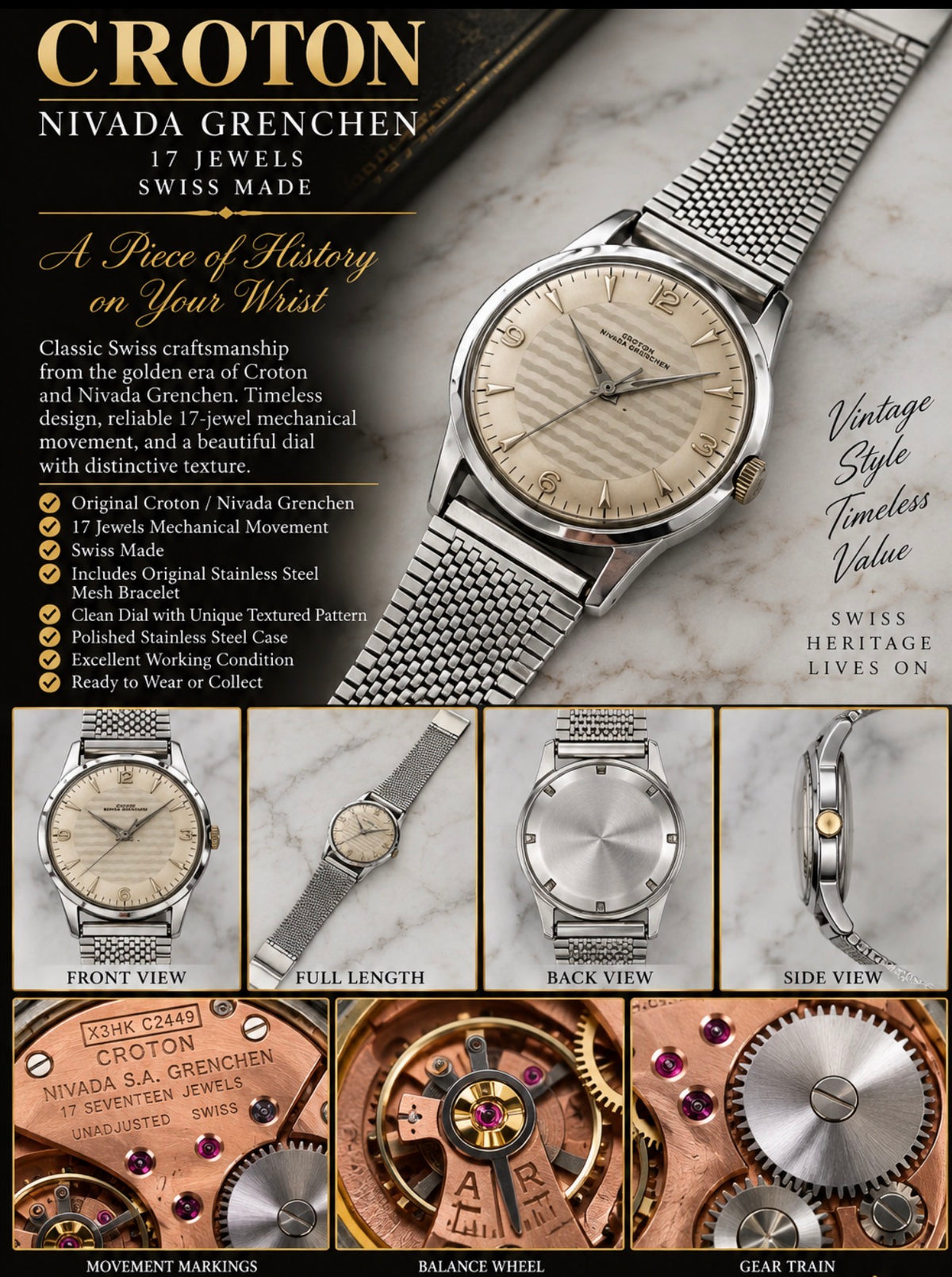 Ultra Thin Vintage Croton Aquamatic Nivada Grenchen Swiss 17-Jewel Mechanical Men’s Watch – Rare inventory # 1184