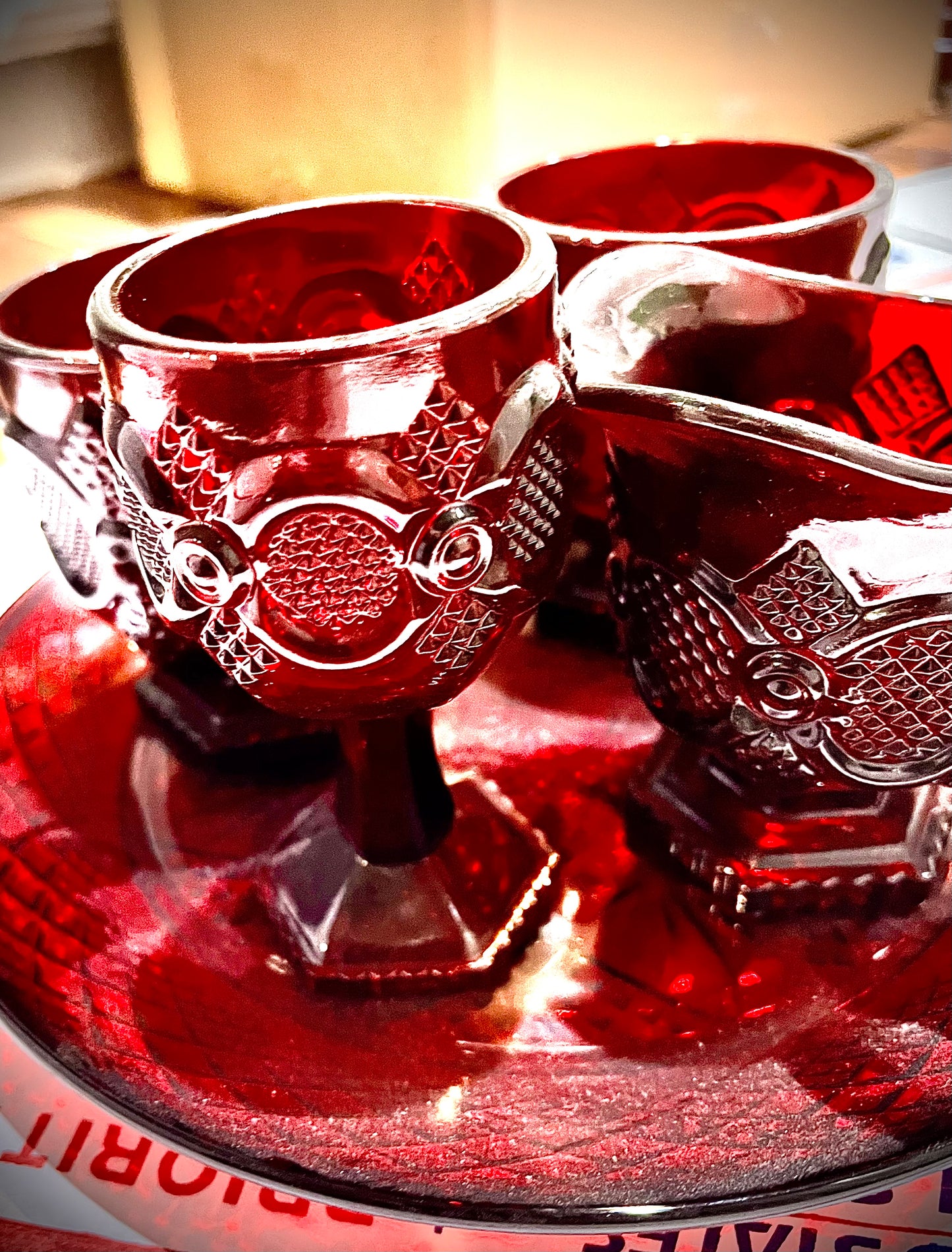 VINTAGE RUBY RED DEPRESSION GLASS Tea Cup Set of 5