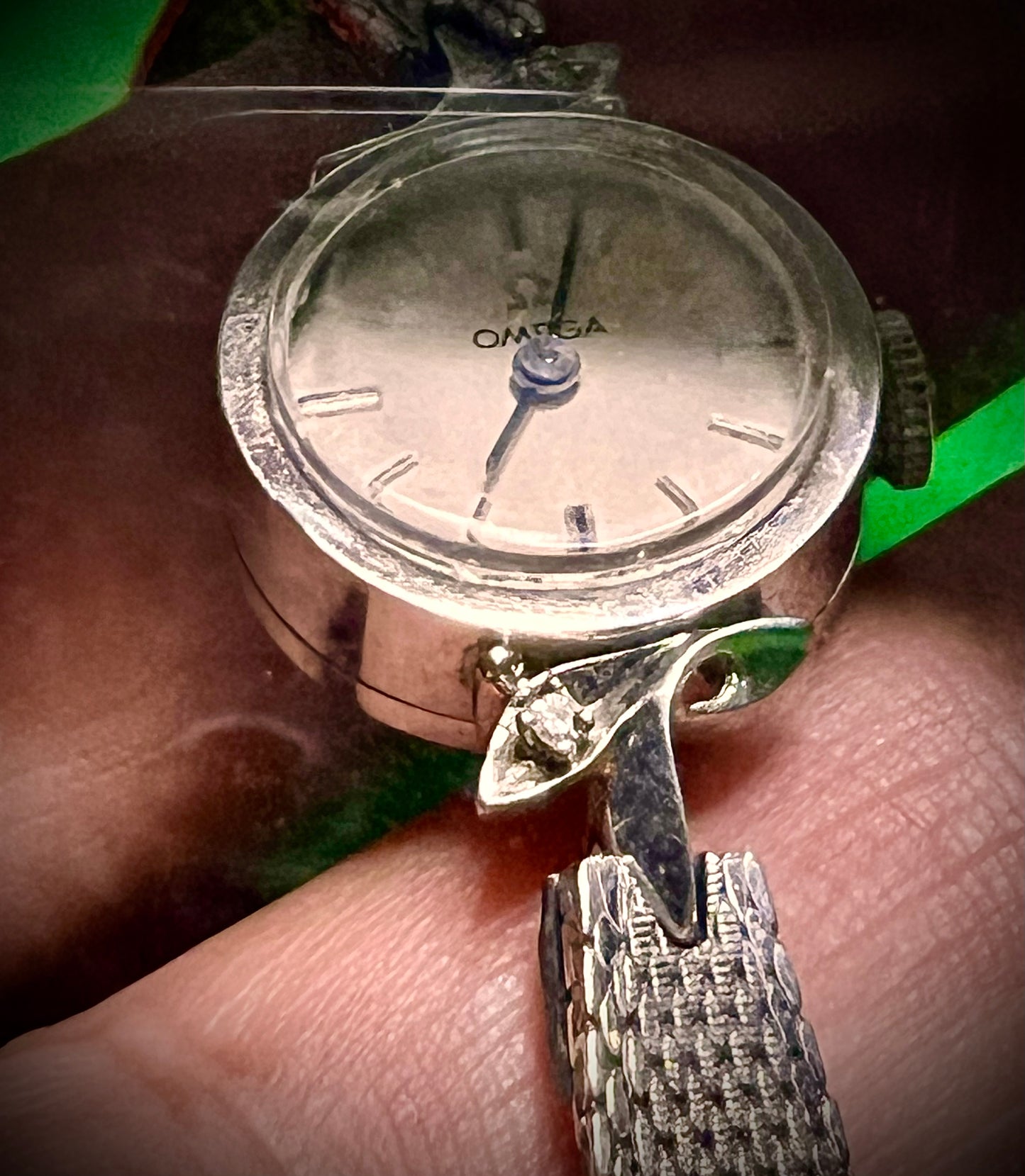 #991 vintage omega 10k white Gold Filled and diamonds women's mechanical watch, 17mm case recently serviced, working great and keeping good time.