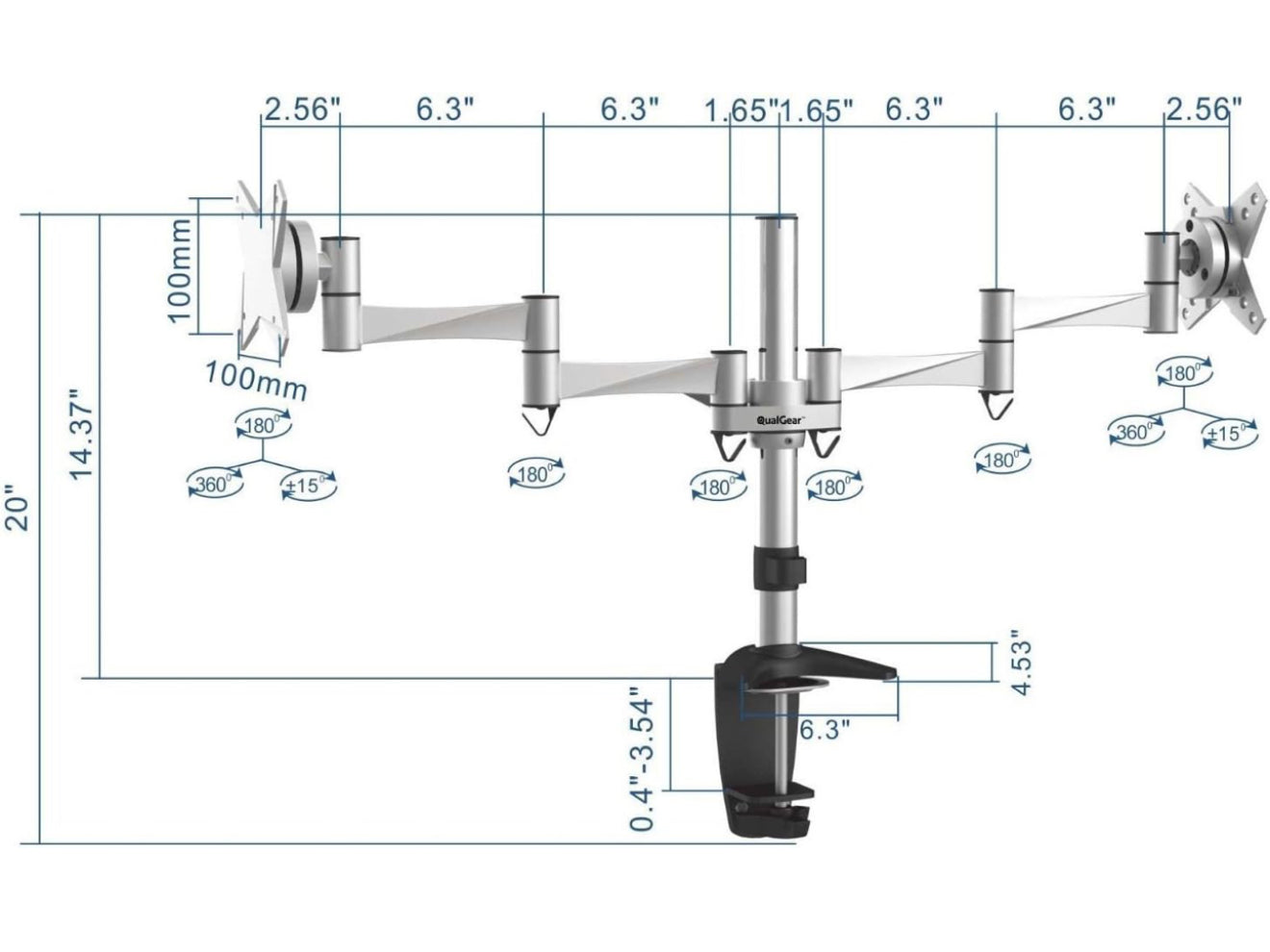 QualGear Qg-Dm-02-016 3 Way Articulating Dual Desk Mount for 13-27 Inches Flatpanel Monitors, Silver