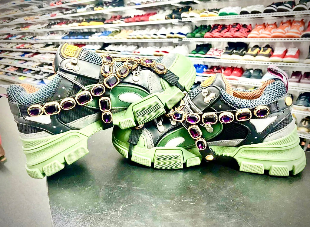 NEW GUCCI Flashtrek Black Green Removable Crystals Men’s Sneakers US Size 7.5 EU 41.5