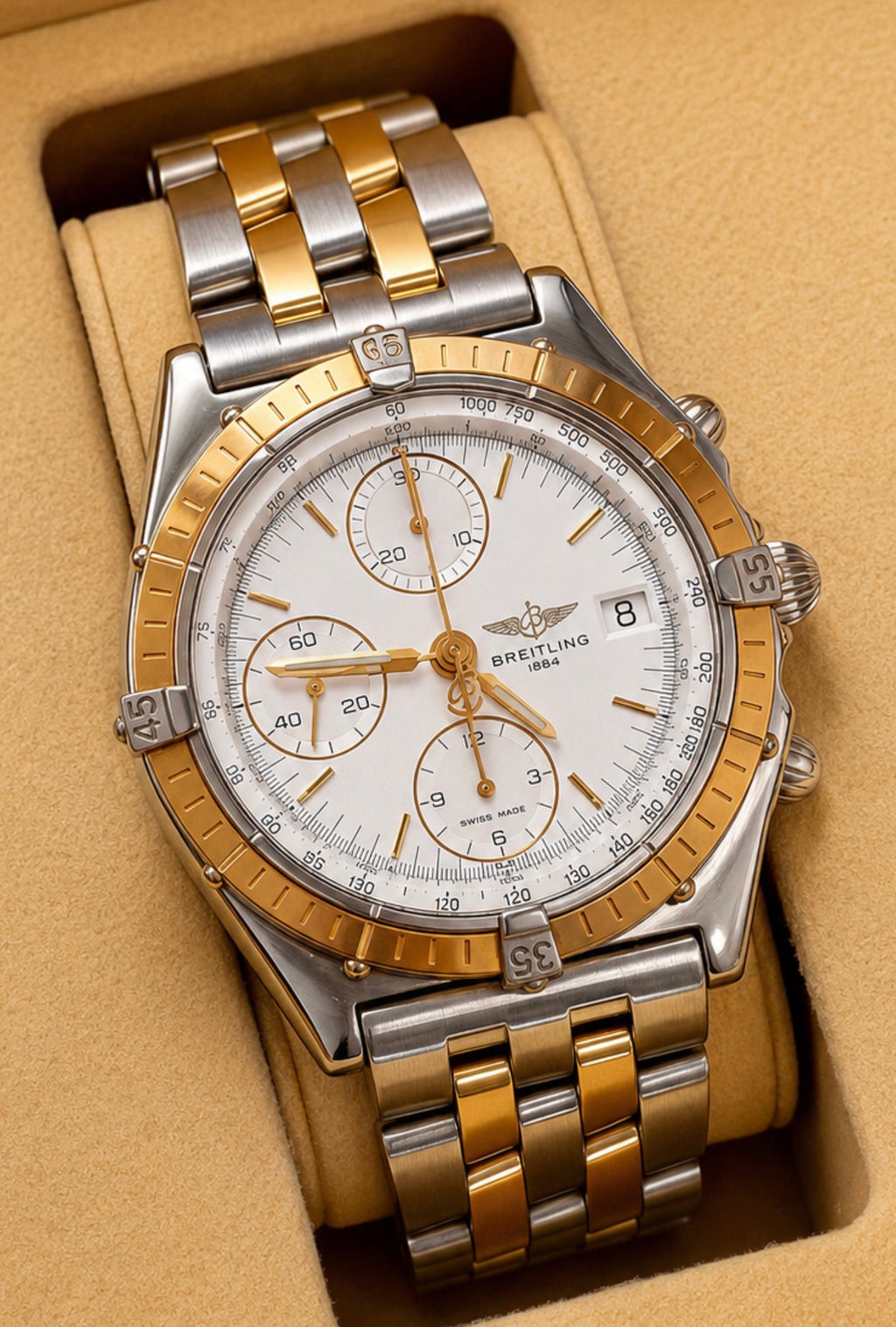 #728 Breitling Chronomat B13352 Automatic Chronograph – 18K Gold Bezel & Two-Tone Pilot Bracelet – Box Included