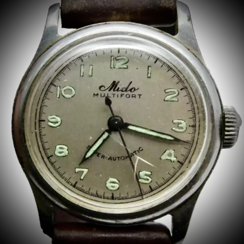 #1278 Vintage 1940's WWII Era MIDO Multifort Super-Automatic Military Watch