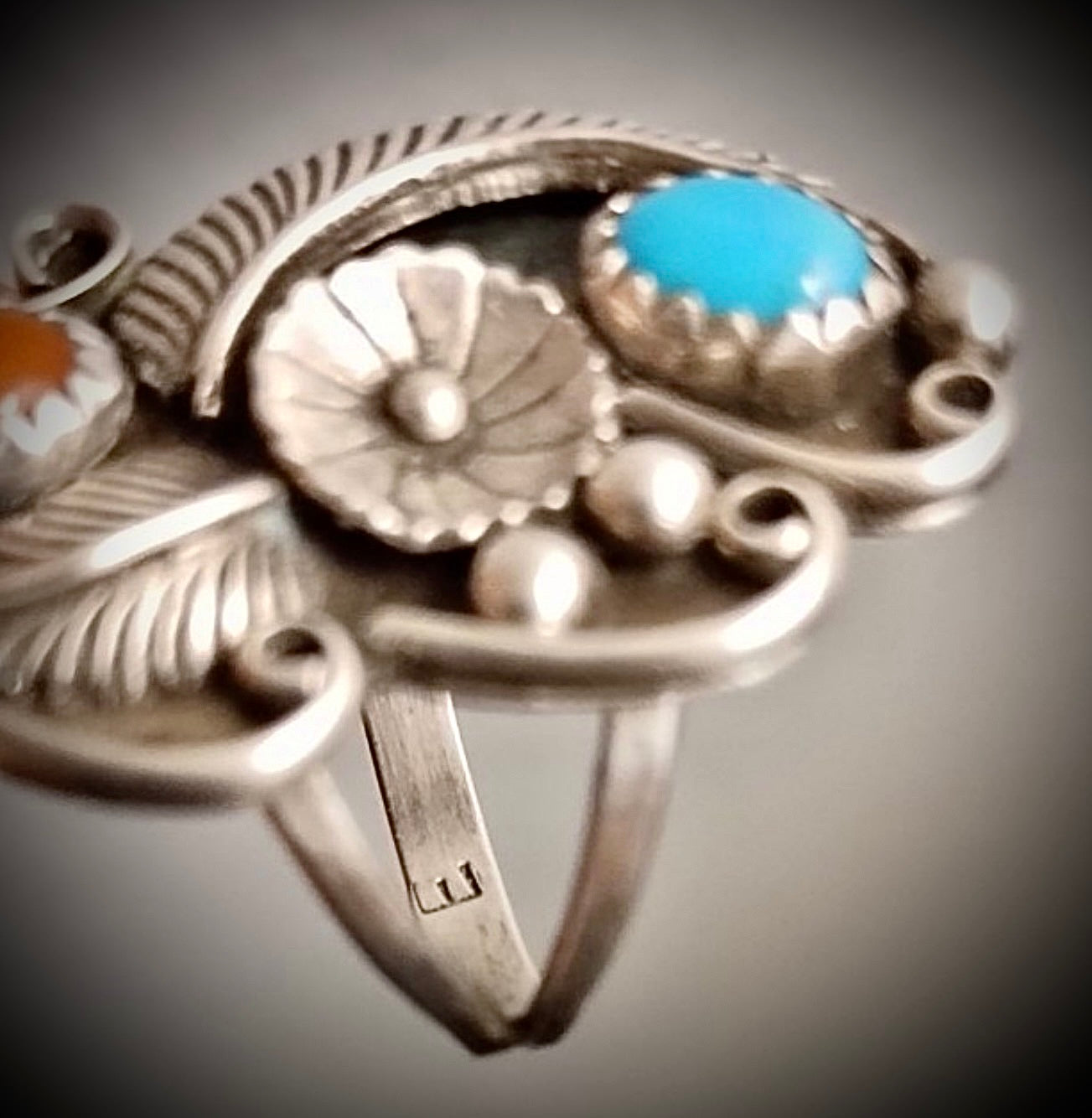 Vintage Sterling Silver Native American Ring Marked “E” Turquoise & Coral Size 6.5