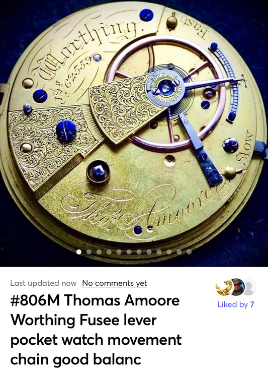 #806M Thomas Amoore Worthing Fusee lever pocket watch movement chain on good balance wheel