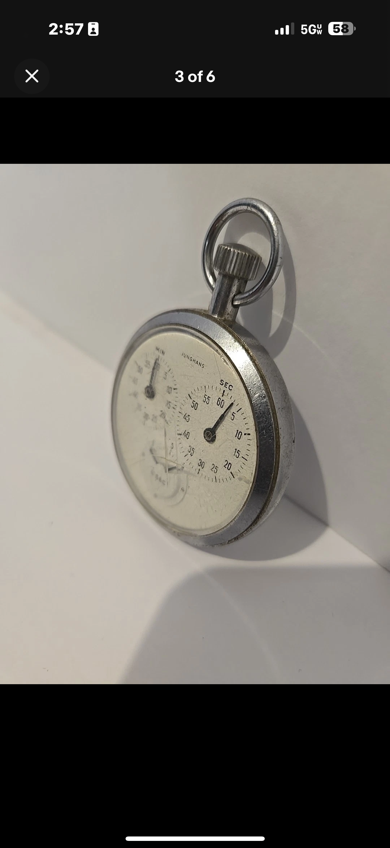 R#1423 Stop Watch Vintage Junghans German 60 Min, Second, 1 10 Dial Scratch On Front Working a bit jamming