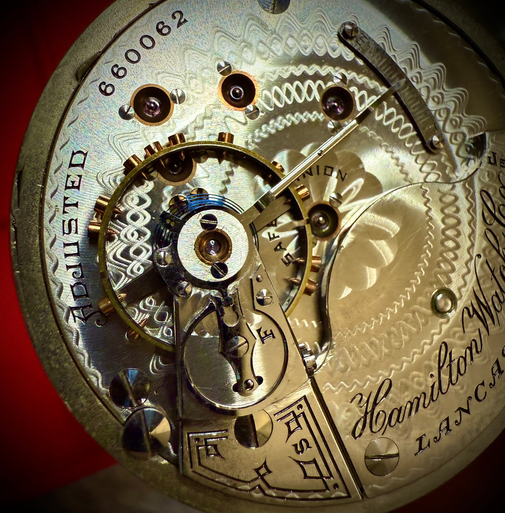 R#1417 Antique 1908 Hamilton pocket watch, adjusted movement rail road accuracy grade 974 serial number 660062 Nickel Silver Lancaster Pensilvania case no 0338048