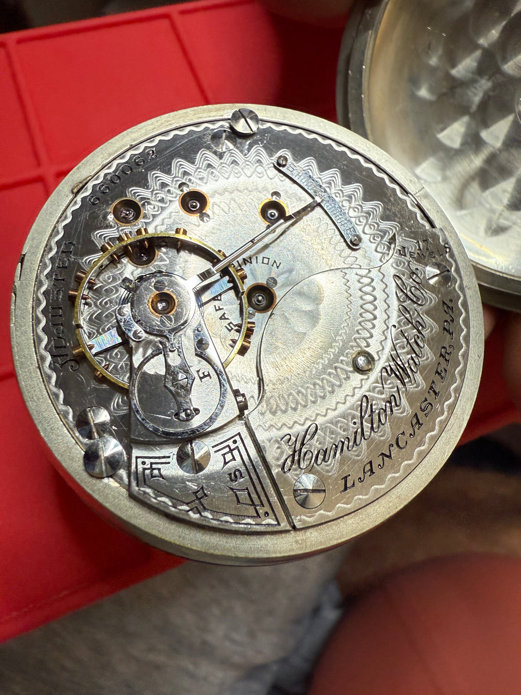R#1417 Antique 1908 Hamilton pocket watch, adjusted movement rail road accuracy grade 974 serial number 660062 Nickel Silver Lancaster Pensilvania case no 0338048