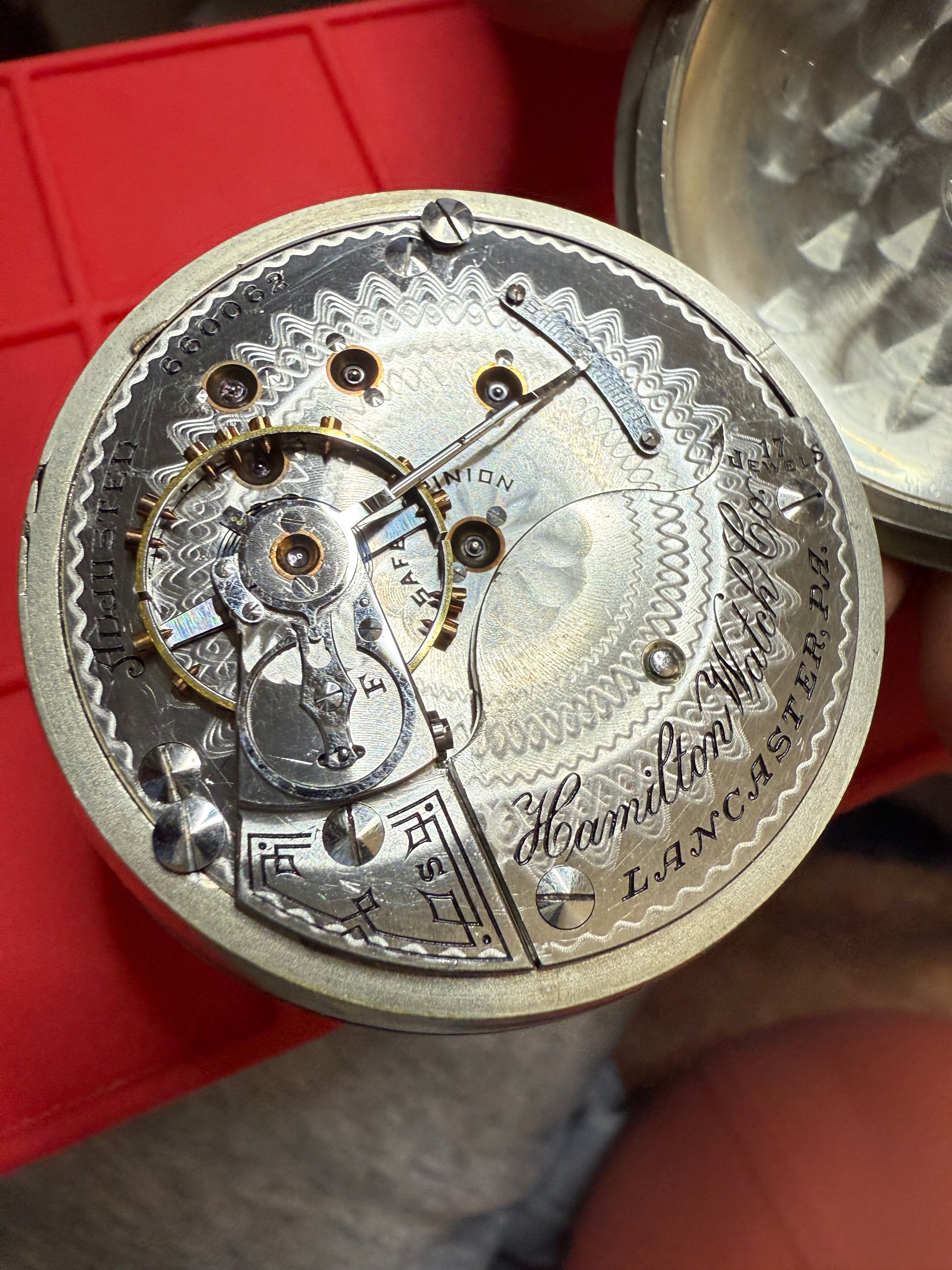 R#1417 Antique 1908 Hamilton pocket watch, adjusted movement rail road accuracy grade 974 serial number 660062 Nickel Silver Lancaster Pensilvania case no 0338048