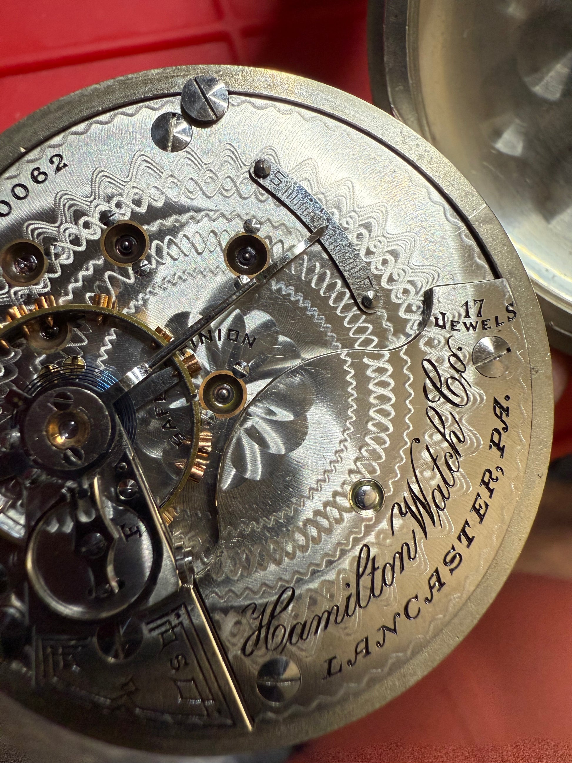 R#1417 Antique 1908 Hamilton pocket watch, adjusted movement rail road accuracy grade 974 serial number 660062 Nickel Silver Lancaster Pensilvania case no 0338048