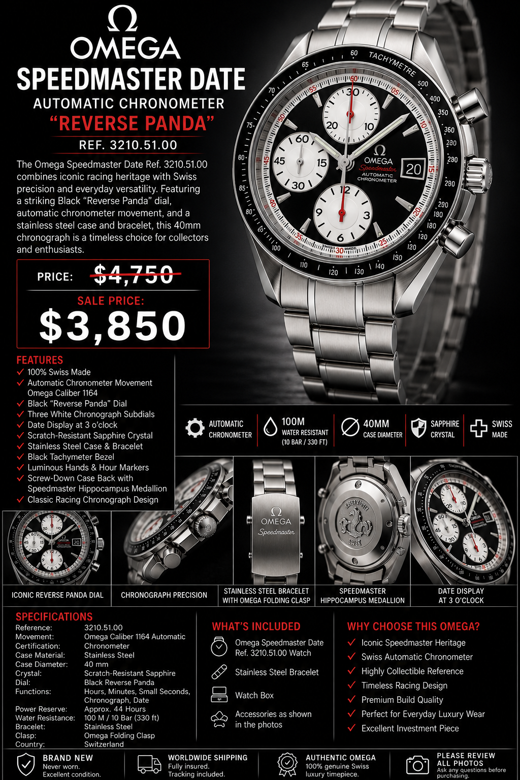 #1011 Omega Speedmaster Date 3210.51.00 Automatic Chronometer Reverse Panda Black Dial 40mm Swiss Watch
