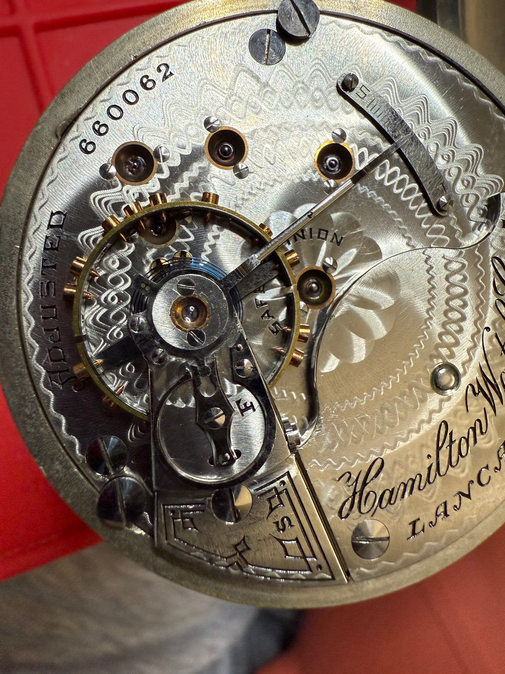 R#1417 Antique 1908 Hamilton pocket watch, adjusted movement rail road accuracy grade 974 serial number 660062 Nickel Silver Lancaster Pensilvania case no 0338048
