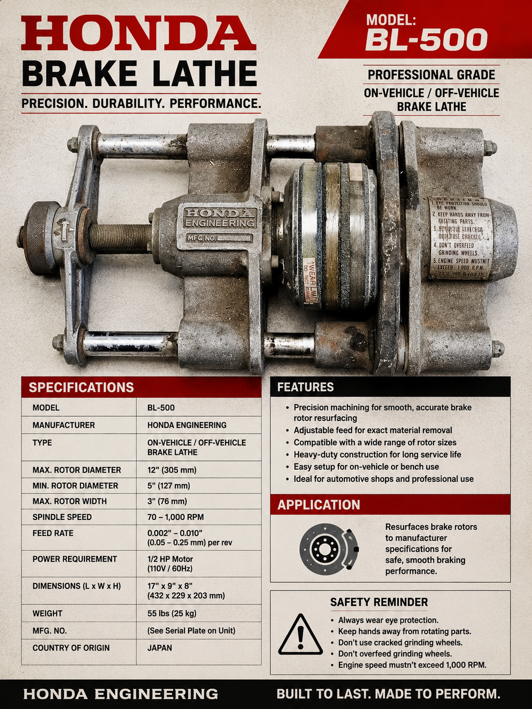 Honda Engineering Brake Lathe Used Professional Rotor Drum Resurfacing Machine
 BL-500