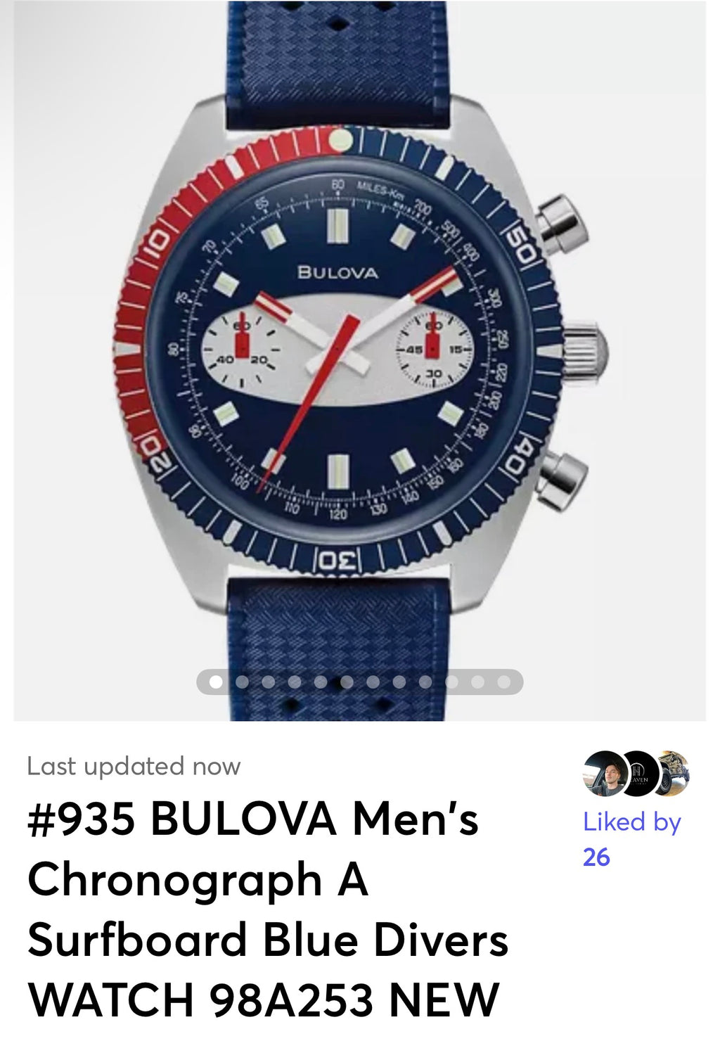 #935 BULOVA Men's Chronograph A Surfboard Blue Divers WATCH 98A253