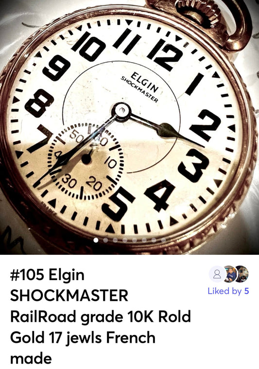 #105 Elgin SHOCKMASTER RailRoad grade 10K Rold Gold 17 jewls Swiss made beautiful pocket watc