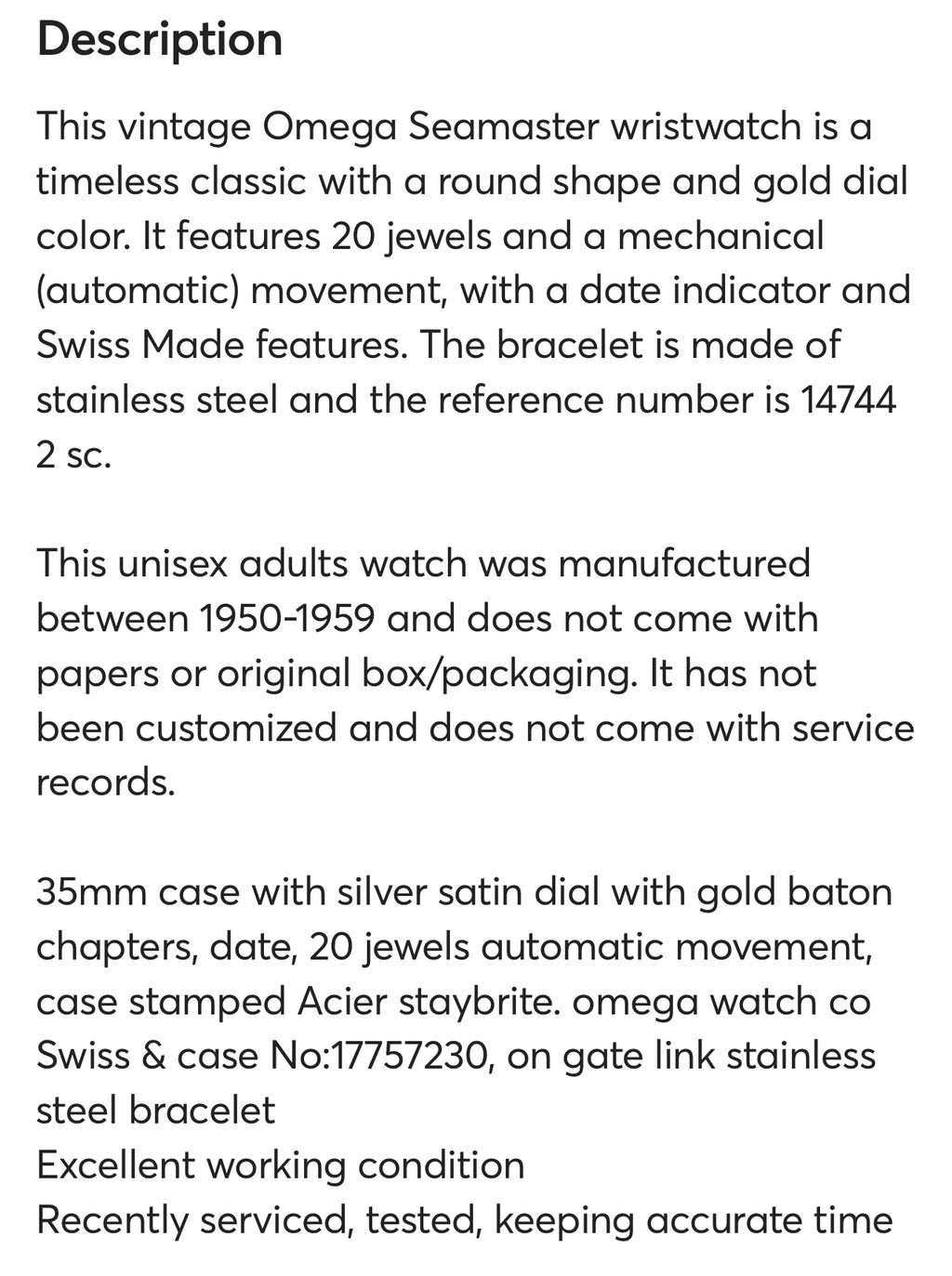 #1057 Omega Seamaster, Pre-owned, 1959, 20 Jewels, Reference Number 14744 2 sc