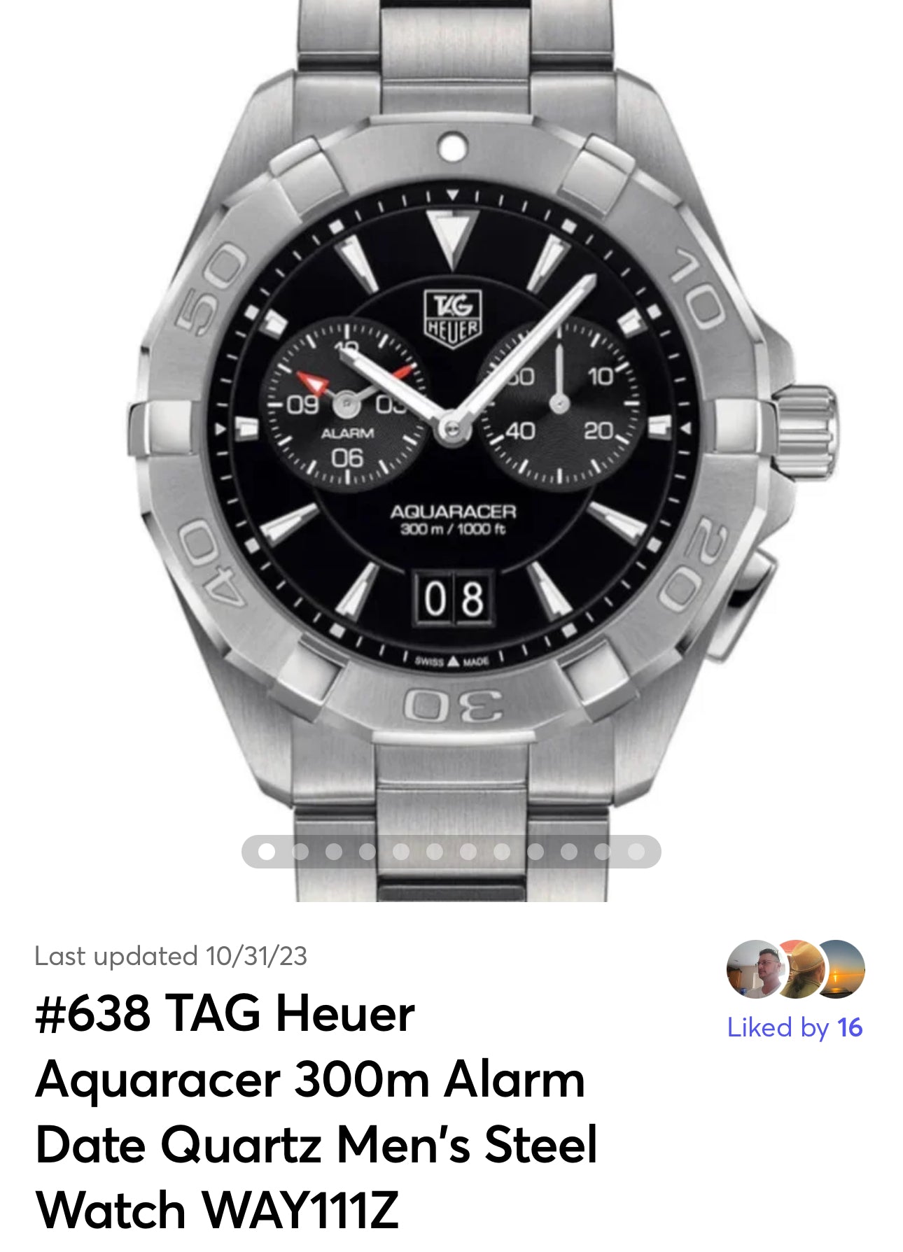 #638-A TAG Heuer Aquaracer 300m Alarm  Date Quartz Men's Steel Watch WAY111Z