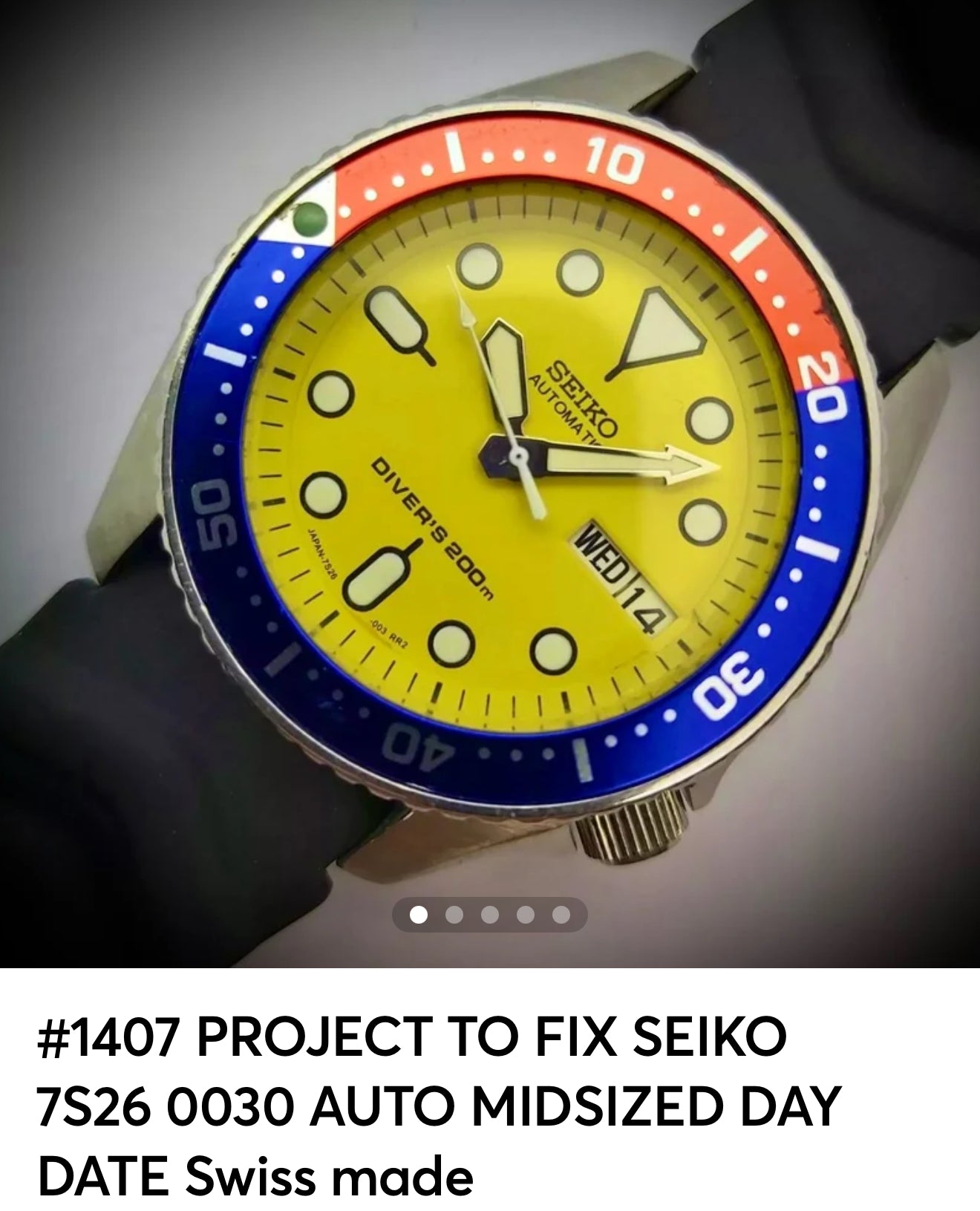 #1407 PROJECT TO FIX SEIKO 7S26 0030 AUTO MIDSIZED DAY DATE Swiss made