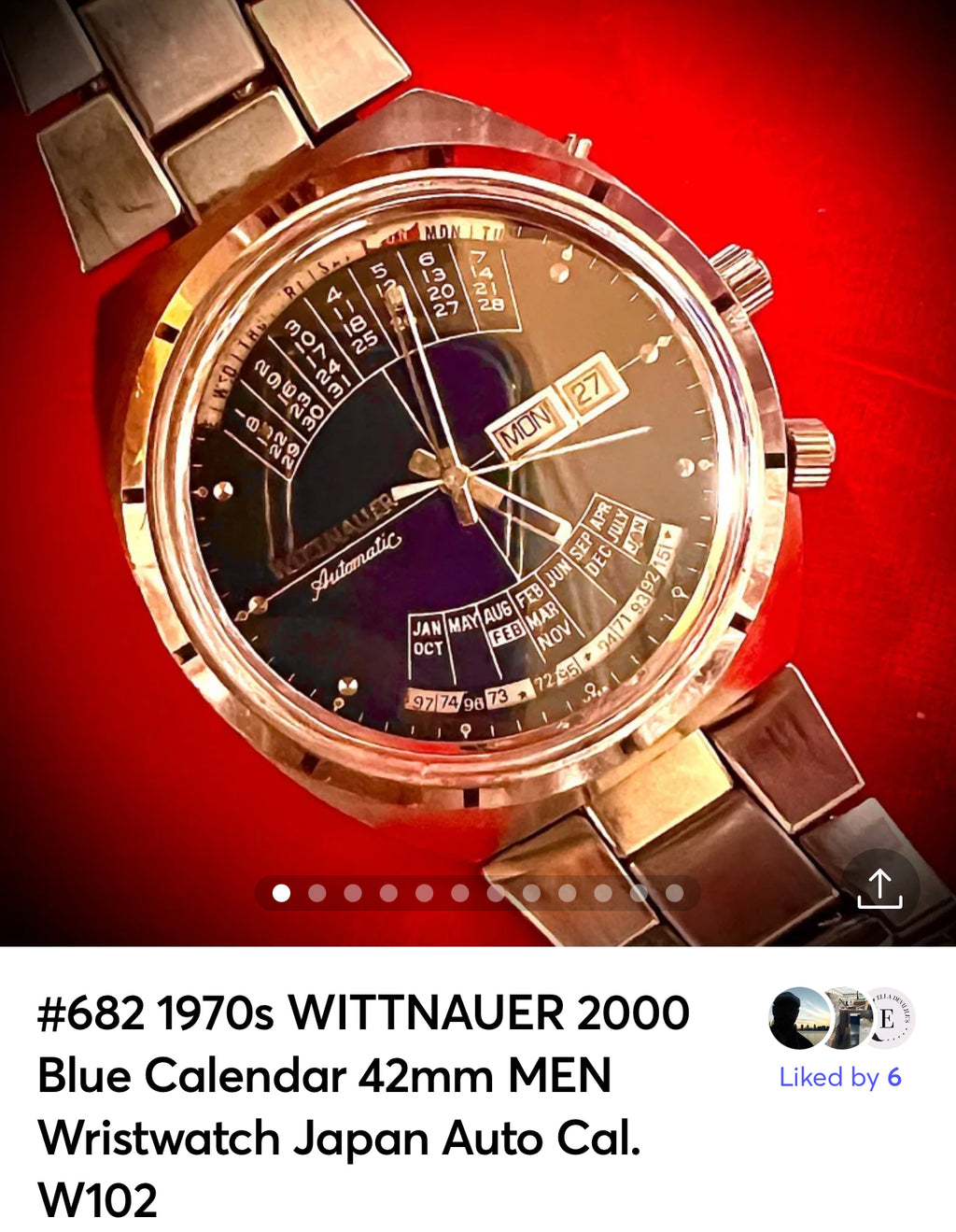 #682 1970s WITTNAUER 2000 Blue Calendar 42mm MEN Wristwatch Japan Auto Cal. W102 RUNS