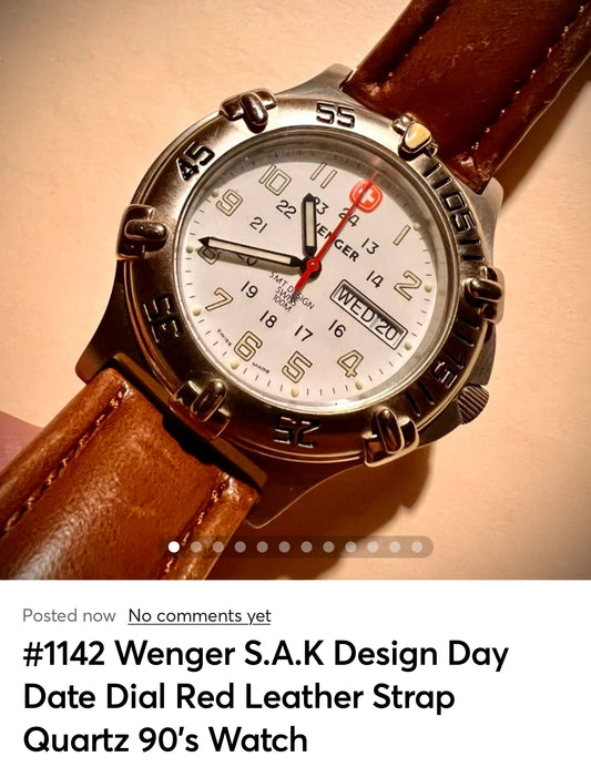 #1142 Wenger S.A.K Design Day Date Dial Red Leather Strap Quartz 90’s Watch New Battery