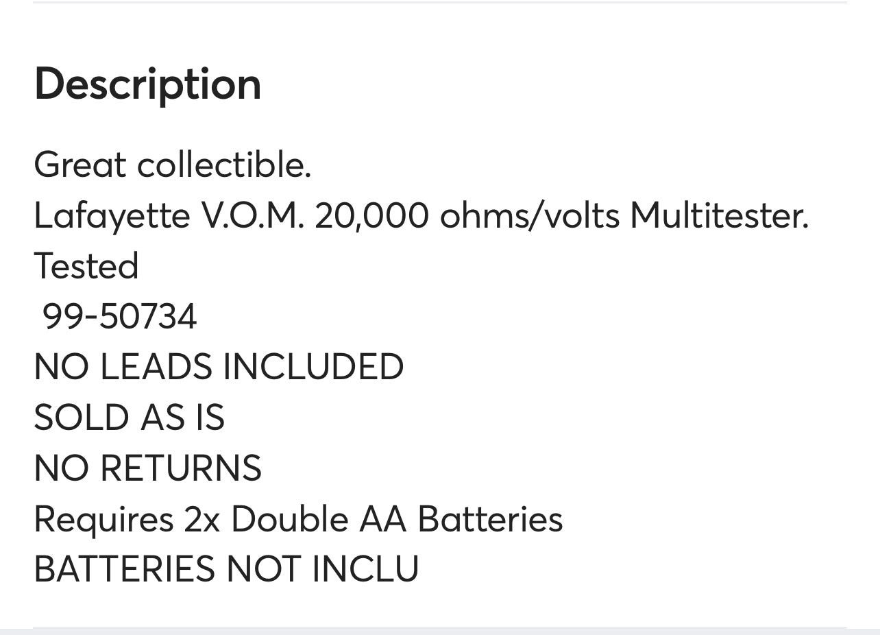 Lafayette V.O.M. 20,000 ohms volts Multitester. 99-50734 Tested