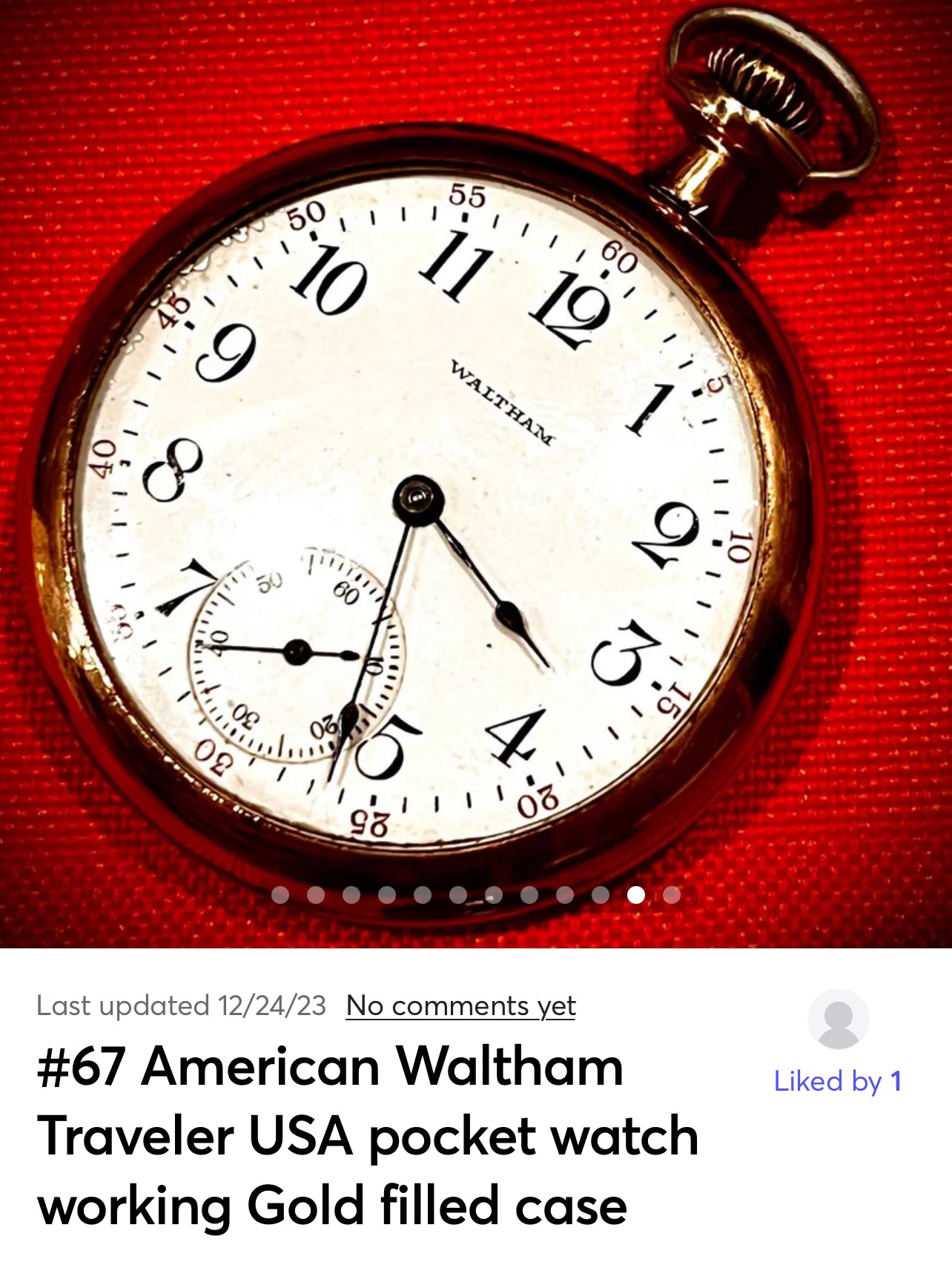 #67 American Waltham Traveler USA pocket watch working Gold filled case and gold plated movement