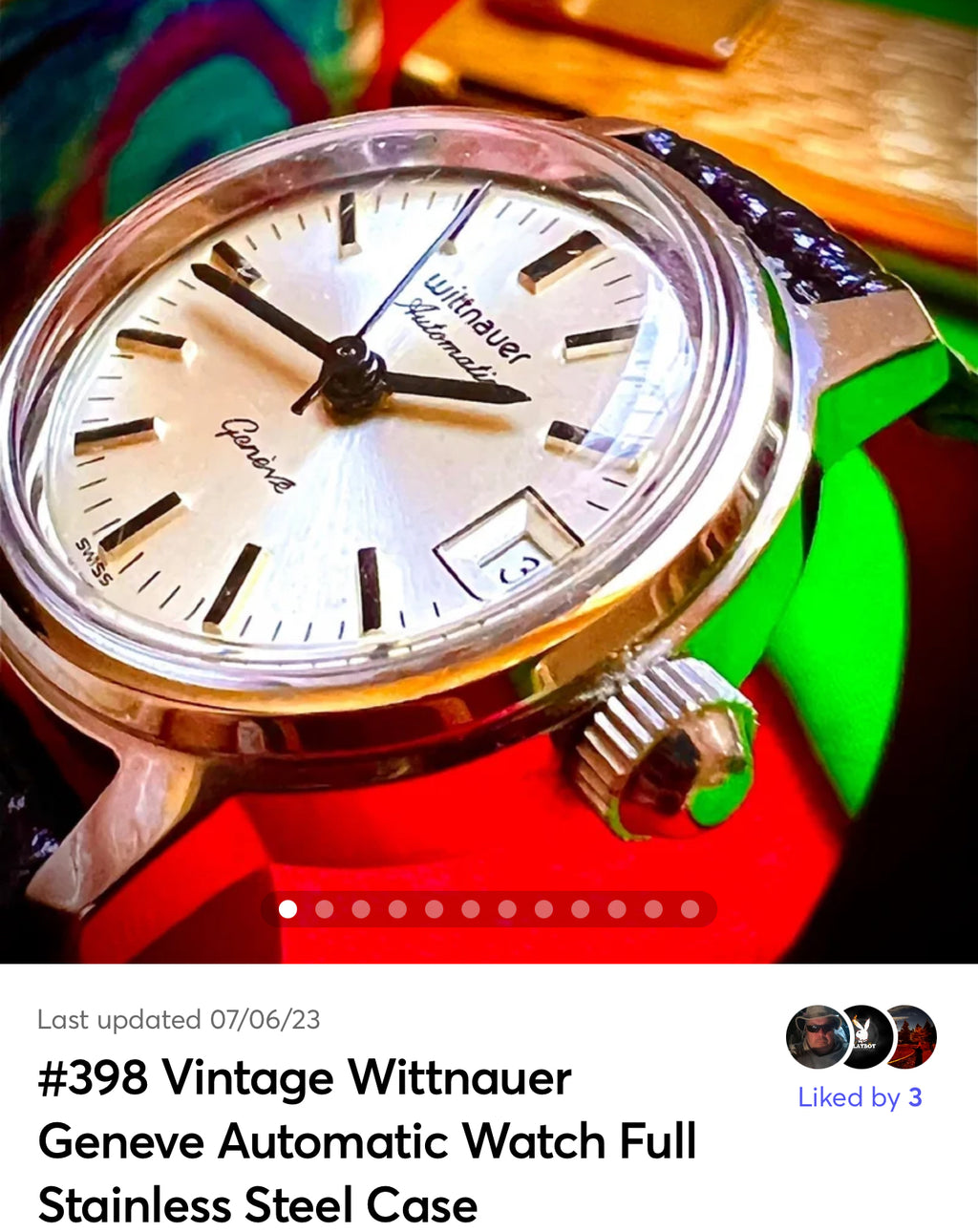 #398 Rare Vintage Wittnauer Geneve Automatic Watch Date Silver Dial Swiss Stainless Steel w/ Original Wittnauer Box