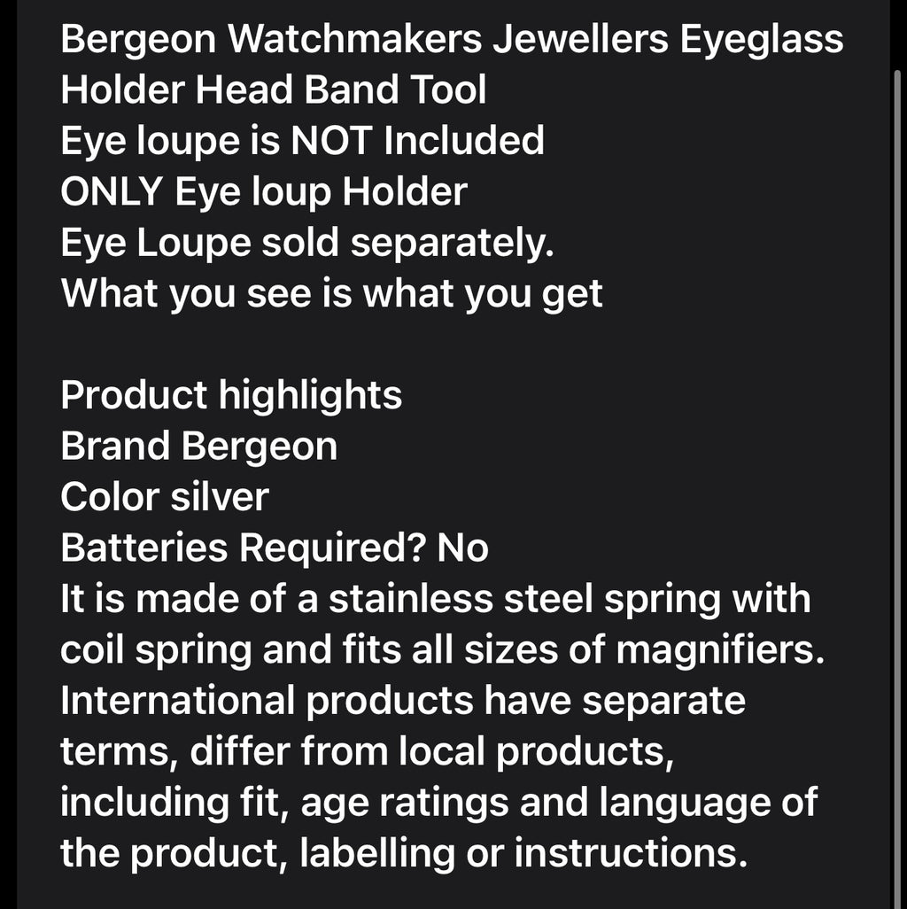 Bergeon  Watchmakers Jewellers Eyeglass Holder Head Band Tool