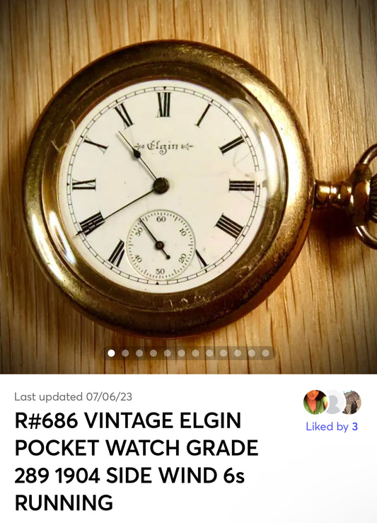 R#686 VINTAGE ELGIN POCKET WATCH GRADE 289 1904 SIDE WIND 6s RUNNING