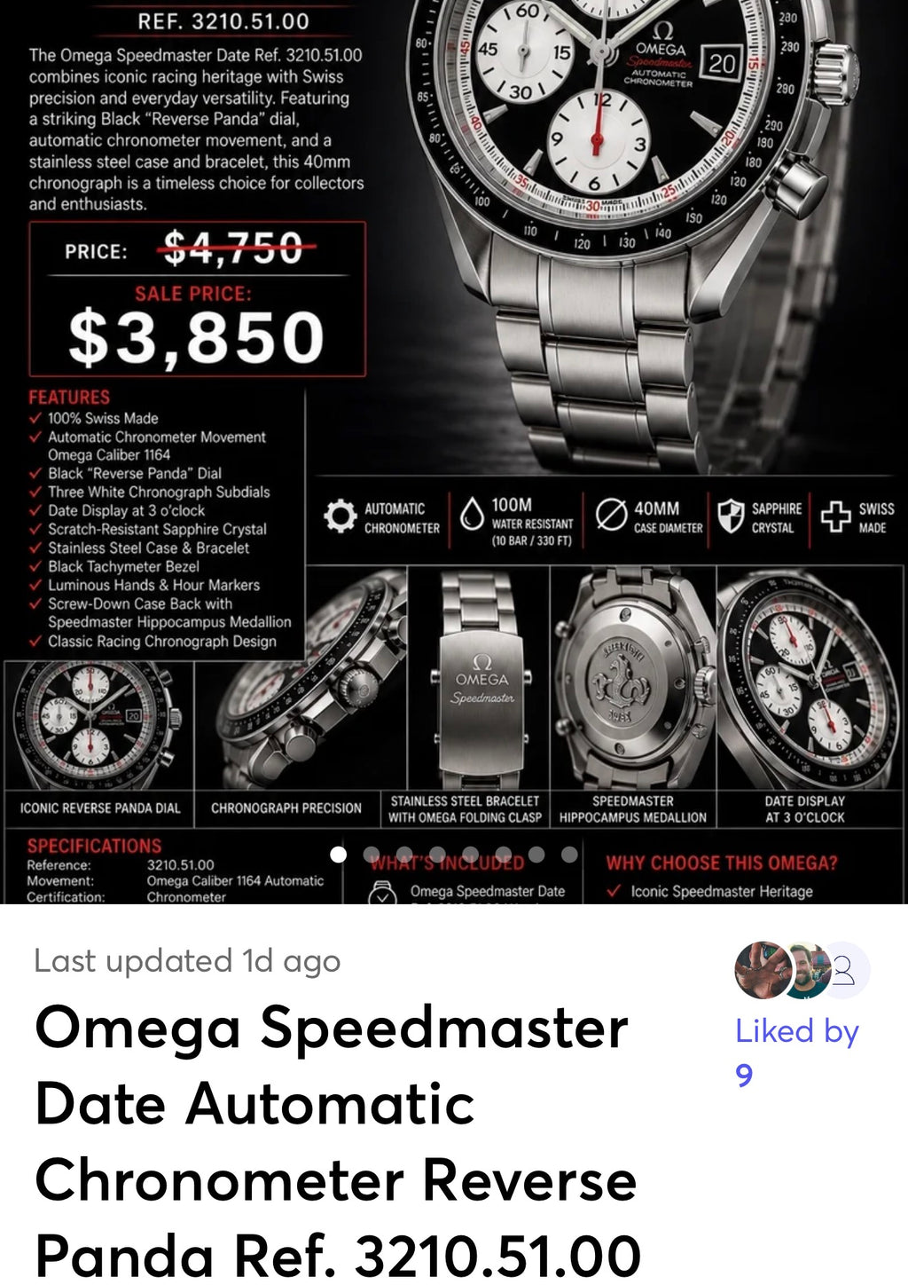 #1011 Omega Speedmaster Date 3210.51.00 Automatic Chronometer Reverse Panda Black Dial 40mm Swiss Watch