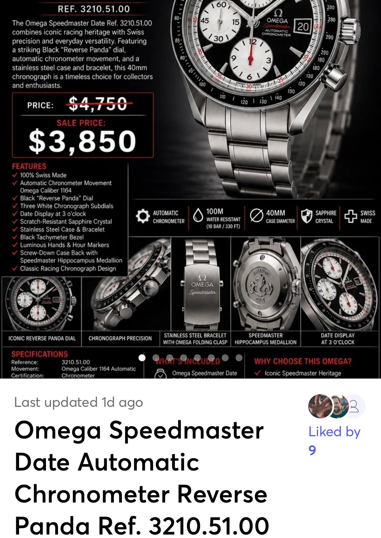 #1011 Omega Speedmaster Date 3210.51.00 Automatic Chronometer Reverse Panda Black Dial 40mm Swiss Watch