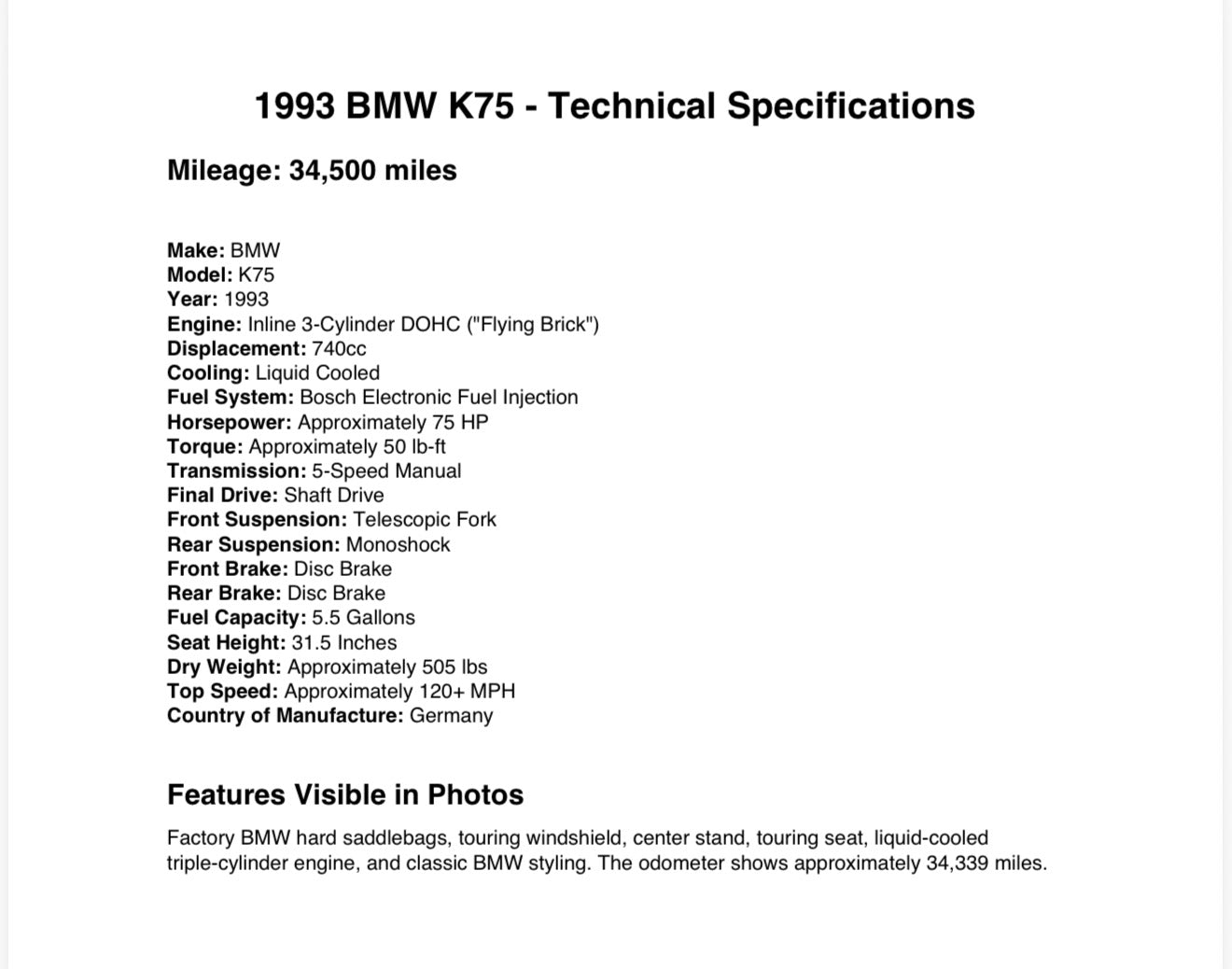 1993 BMW K75 – Classic “Flying Brick” – 34,600 Miles – Hard Luggage