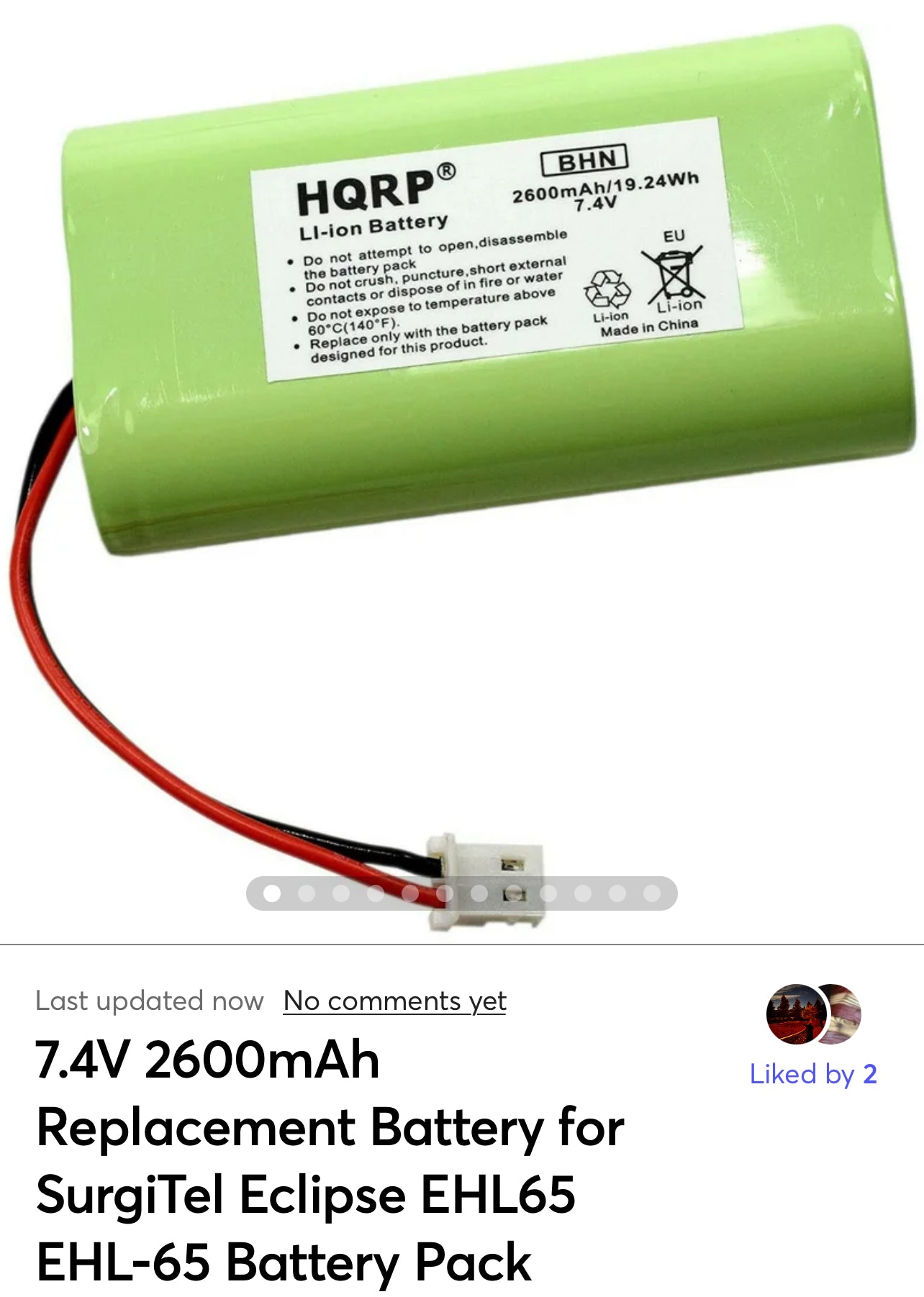 7.4V 2600mAh Replacement Battery for SurgiTel Eclipse EHL65 EHL-65 Battery Pack