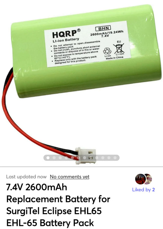 7.4V 2600mAh Replacement Battery for SurgiTel Eclipse EHL65 EHL-65 Battery Pack