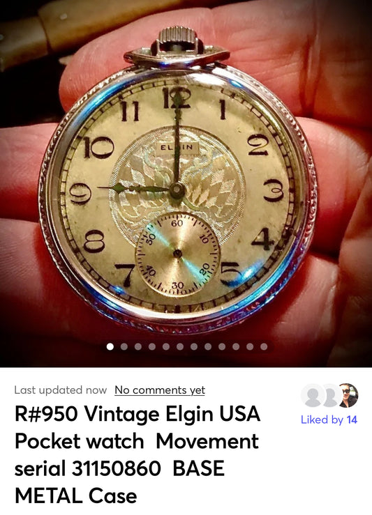 R#950 Vintage Elgin USA  Pocket watch  Movement serial 31150860  BASE METAL Case serial 3635458