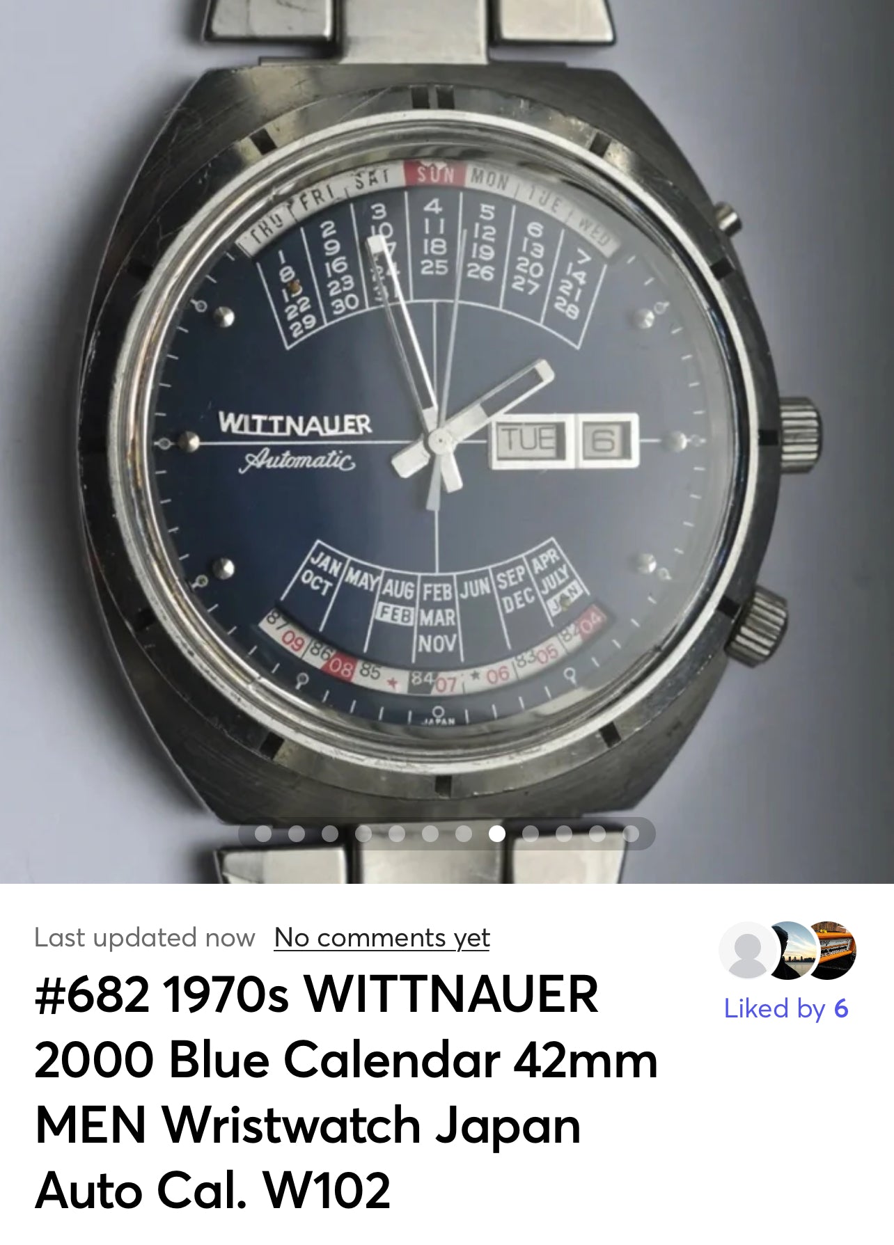 #682 1970s WITTNAUER 2000 Blue Calendar 42mm MEN Wristwatch Japan Auto Cal. W102 RUNS