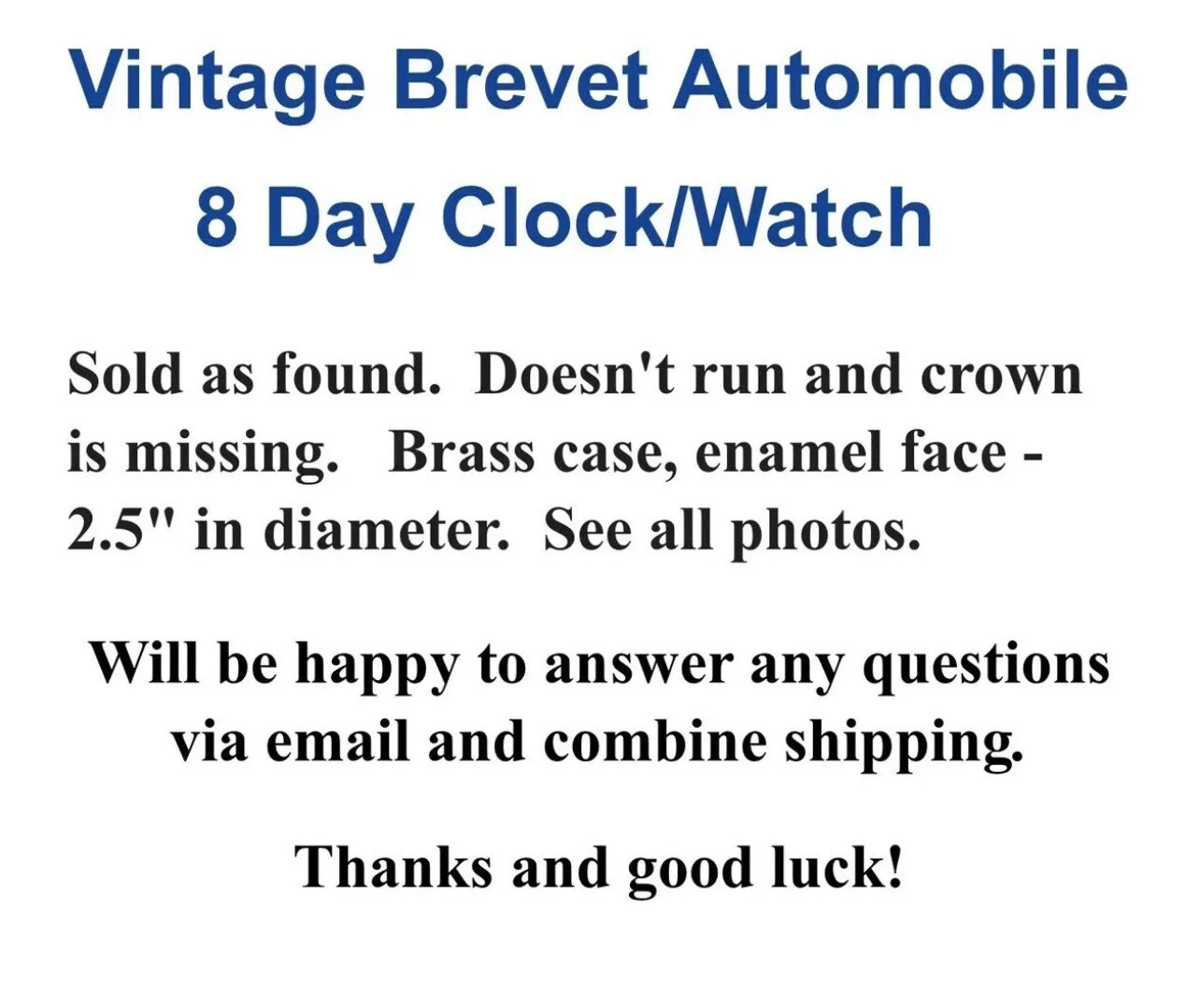 89. Vintage Brevet Automobile 8 Day Clock/Watch - Swiss Made - Good for Parts