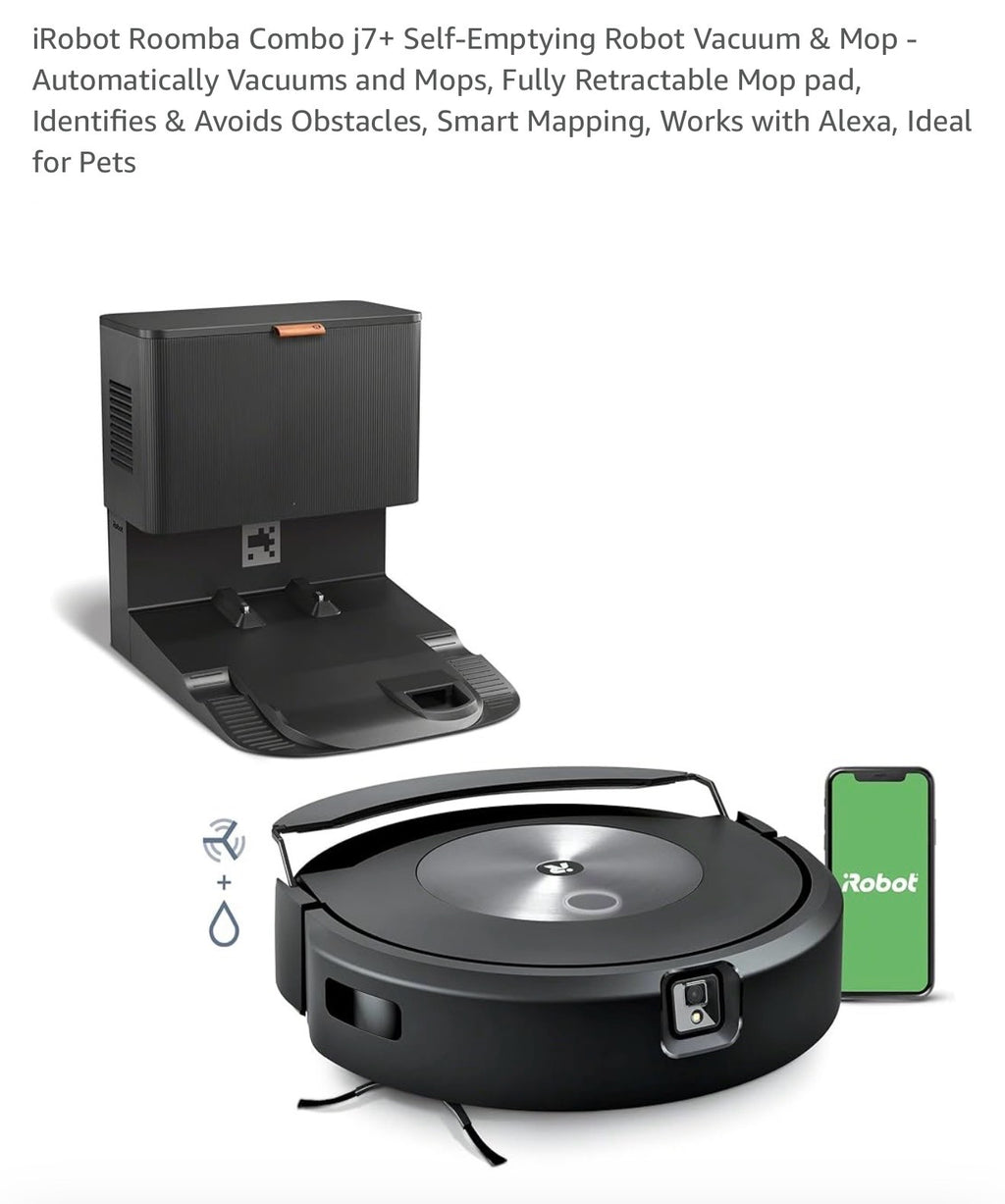 iRobot Roomba Combo j7+ Self-Emptying Robot Vacuum & Mop - Automatically Vacuums and Mops, Fully Retractable Mop pad, Identifies & Avoids Obstacles, Smart Mapping