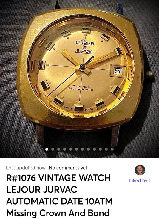 R#1076  VINTAGE WATCH LEJOUR JURVAC AUTOMATIC DATE 10ATM Missing Crown And Band WORKS