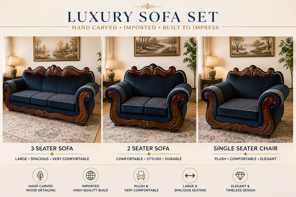 Luxury Hand-Carved Royal Blue Velvet Sofa Set – 3 Piece Solid Wood Estate Collection