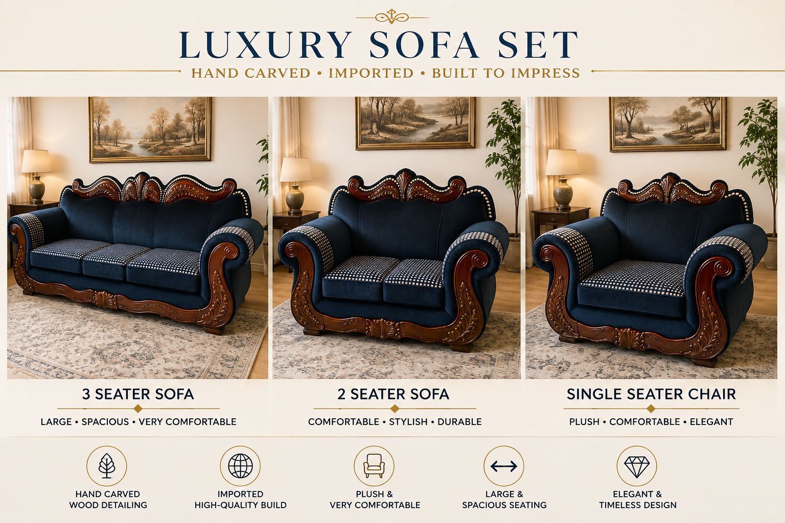 Luxury Hand-Carved Royal Blue Velvet Sofa Set – 3 Piece Solid Wood Estate Collection