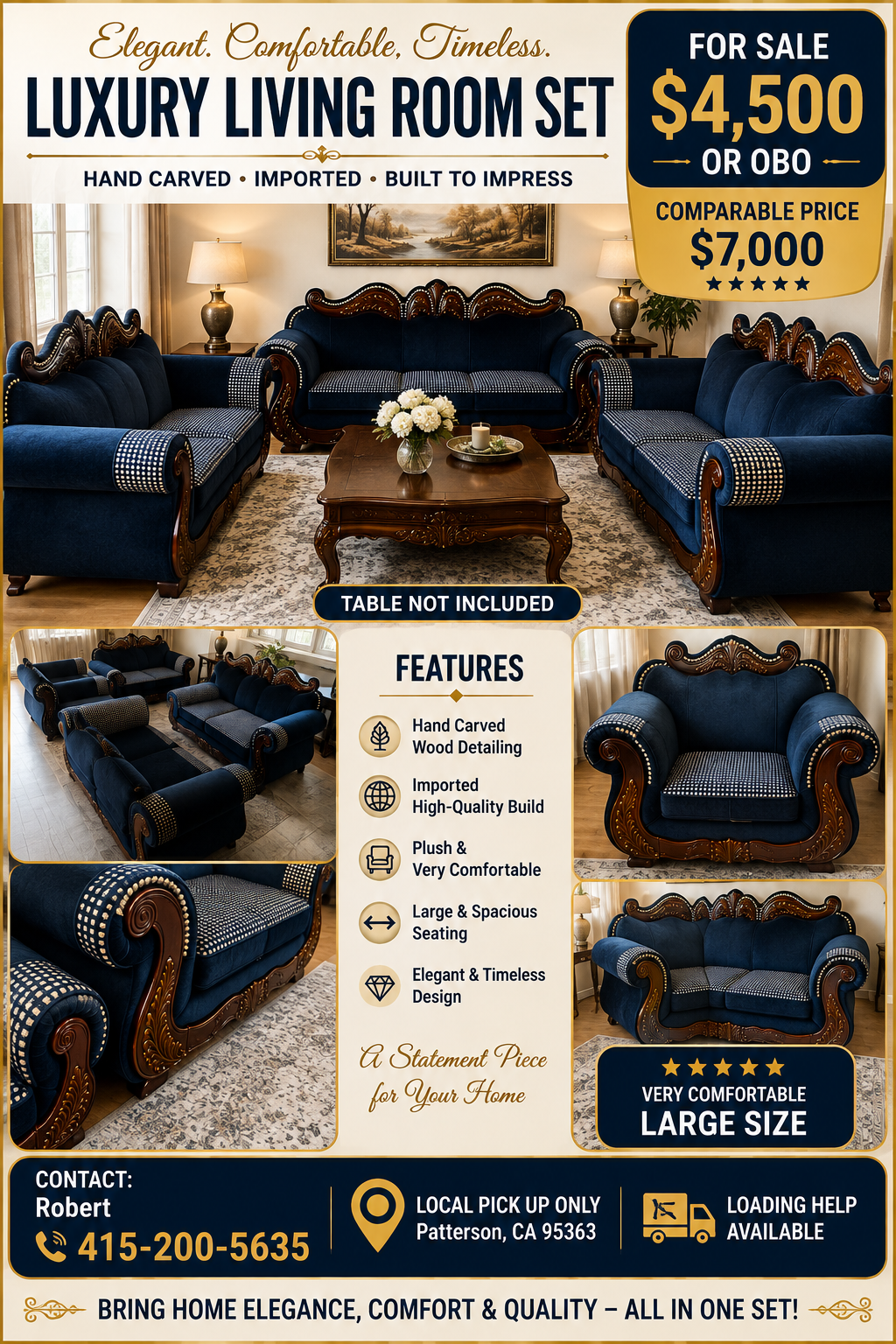 Luxury Hand-Carved Royal Blue Velvet Sofa Set – 3 Piece Solid Wood Estate Collection