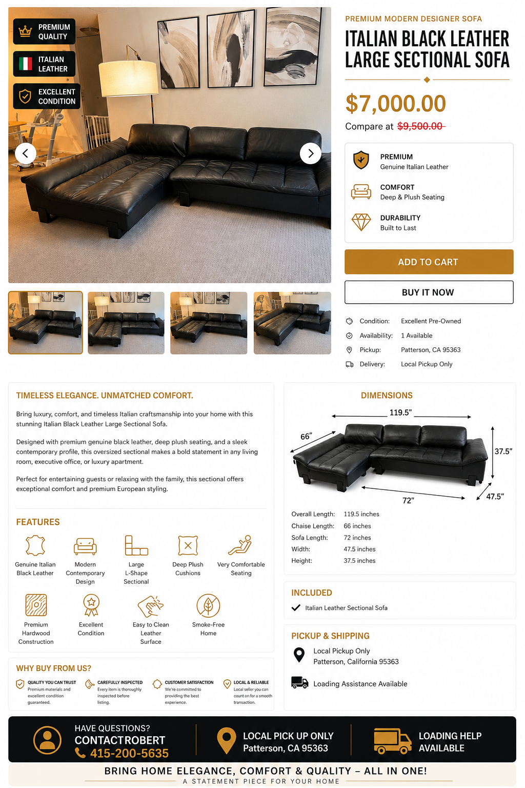 Italian Black Leather Large Sectional Sofa – Premium Modern Designer Sofa