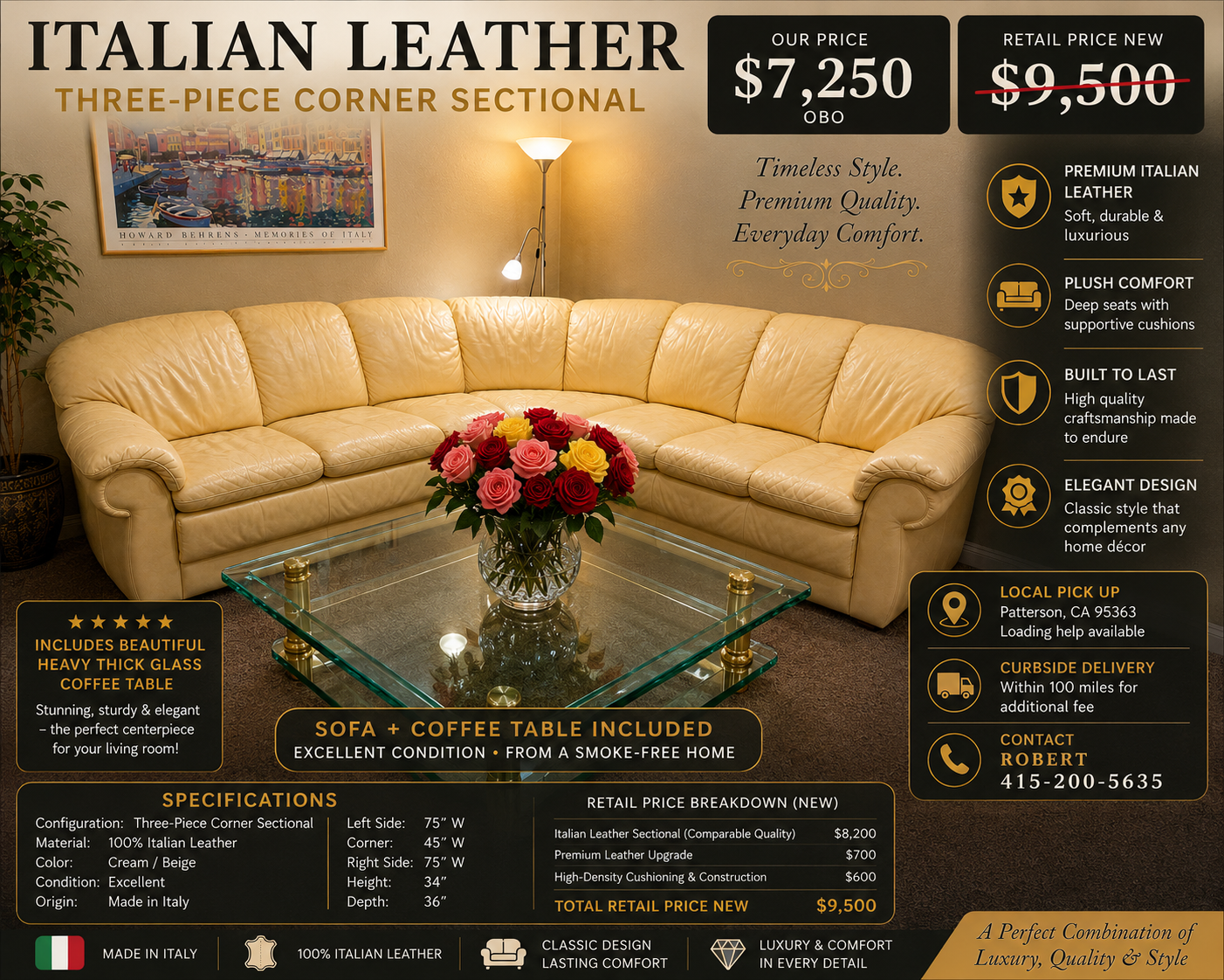Yellow soft leather 3 X Sectional Corner Couch  for larger living room. beautiful made in Italy