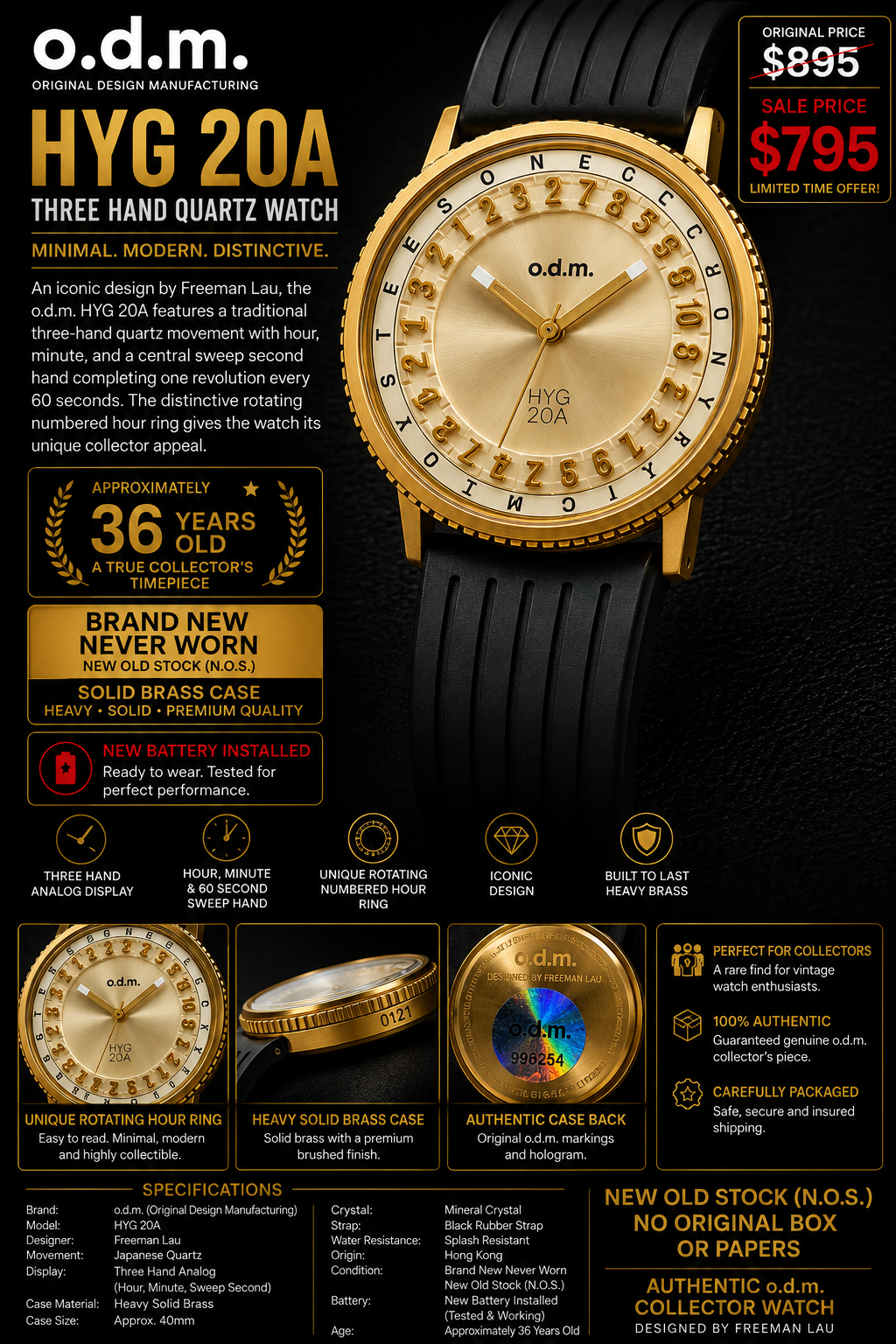 #1415 o.d.m. HYG 20A Collector’s Watch New Old Stock Brass Case 1990s Designer Watch