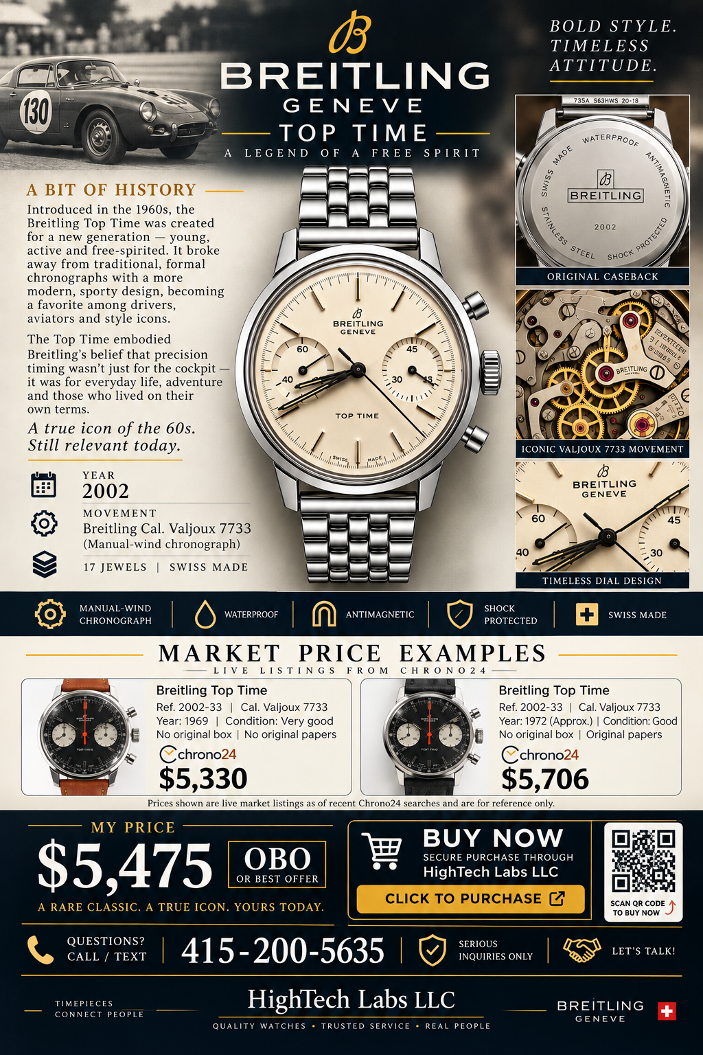 #1374 Vintage Breitling Top Time Ref. 2002 Chronograph – Swiss Manual Wind – Silver Dial – 1960s