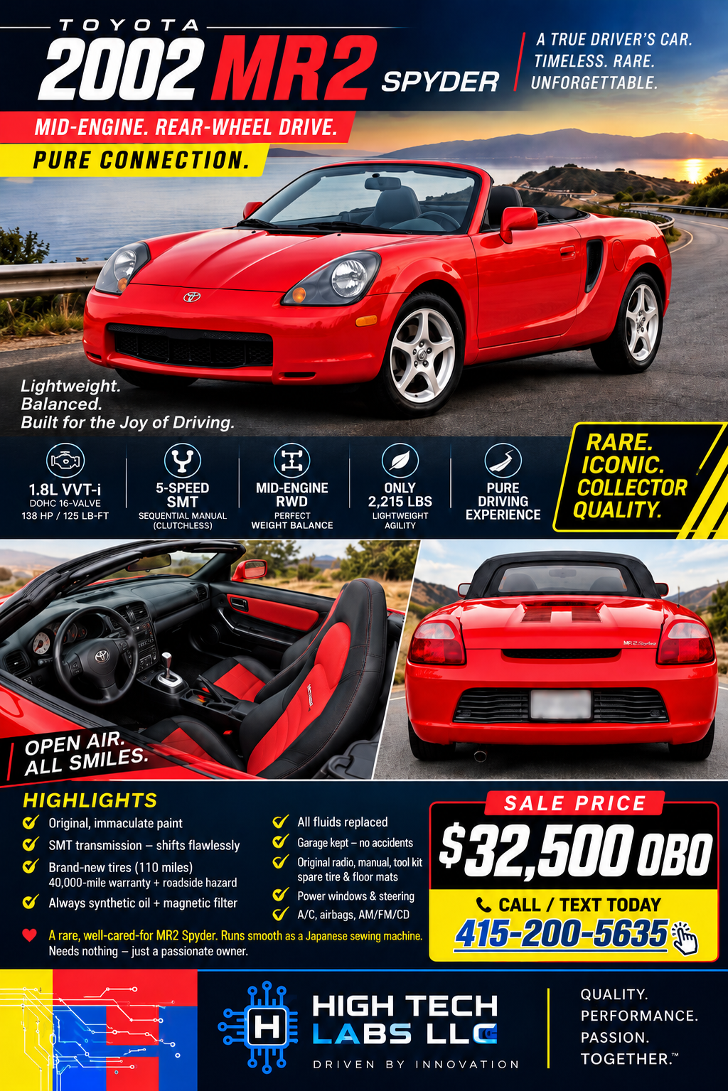2002 Toyota MR2 a rare find (Midnight Run) spyder rare roadster Super clean local delivery in Califorina is preferred. Immaculate condition