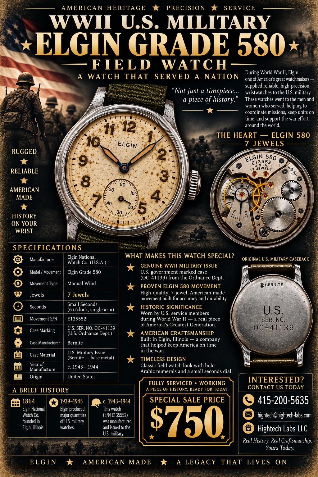 #1429 WWII U.S. MILITARY ELGIN GRADE 580 FIELD WATCH — 17 JEWELS — SERVICED & WORKING
